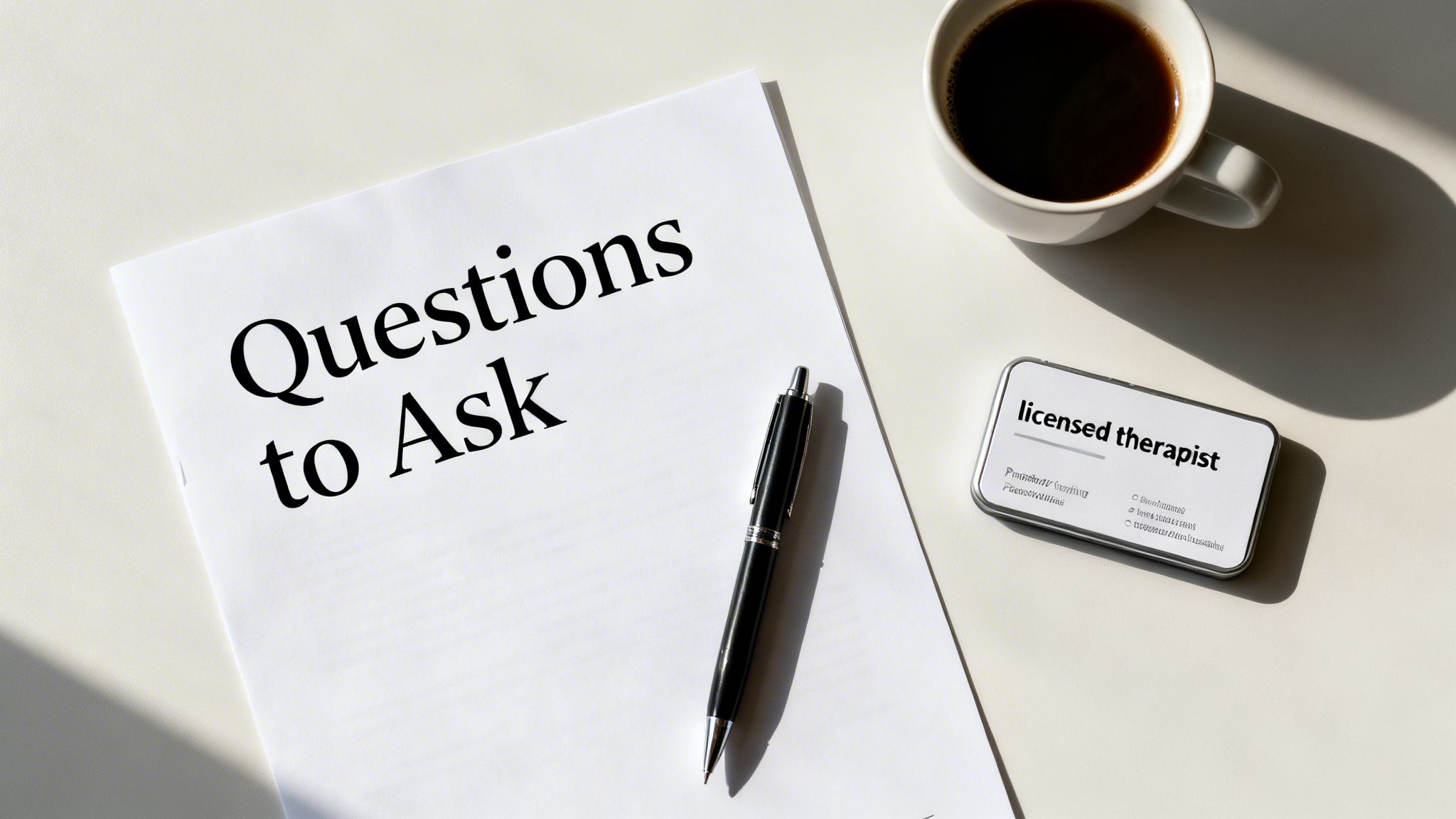 A paper titled 'Questions to Ask' lies next to a pen, coffee, and a 'licensed therapist' sign.