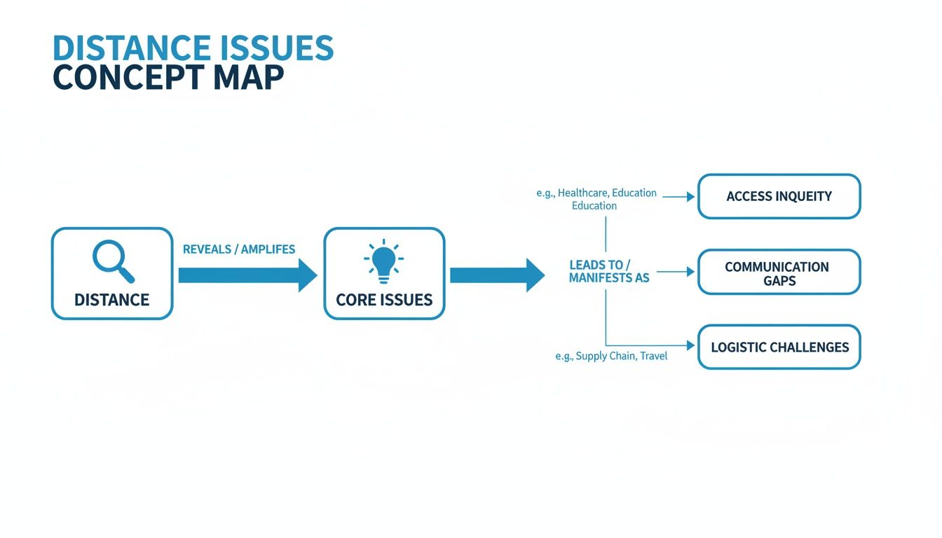 Concept map illustrating how distance leads to core issues, manifesting as access inequity, communication gaps, and logistic challenges.