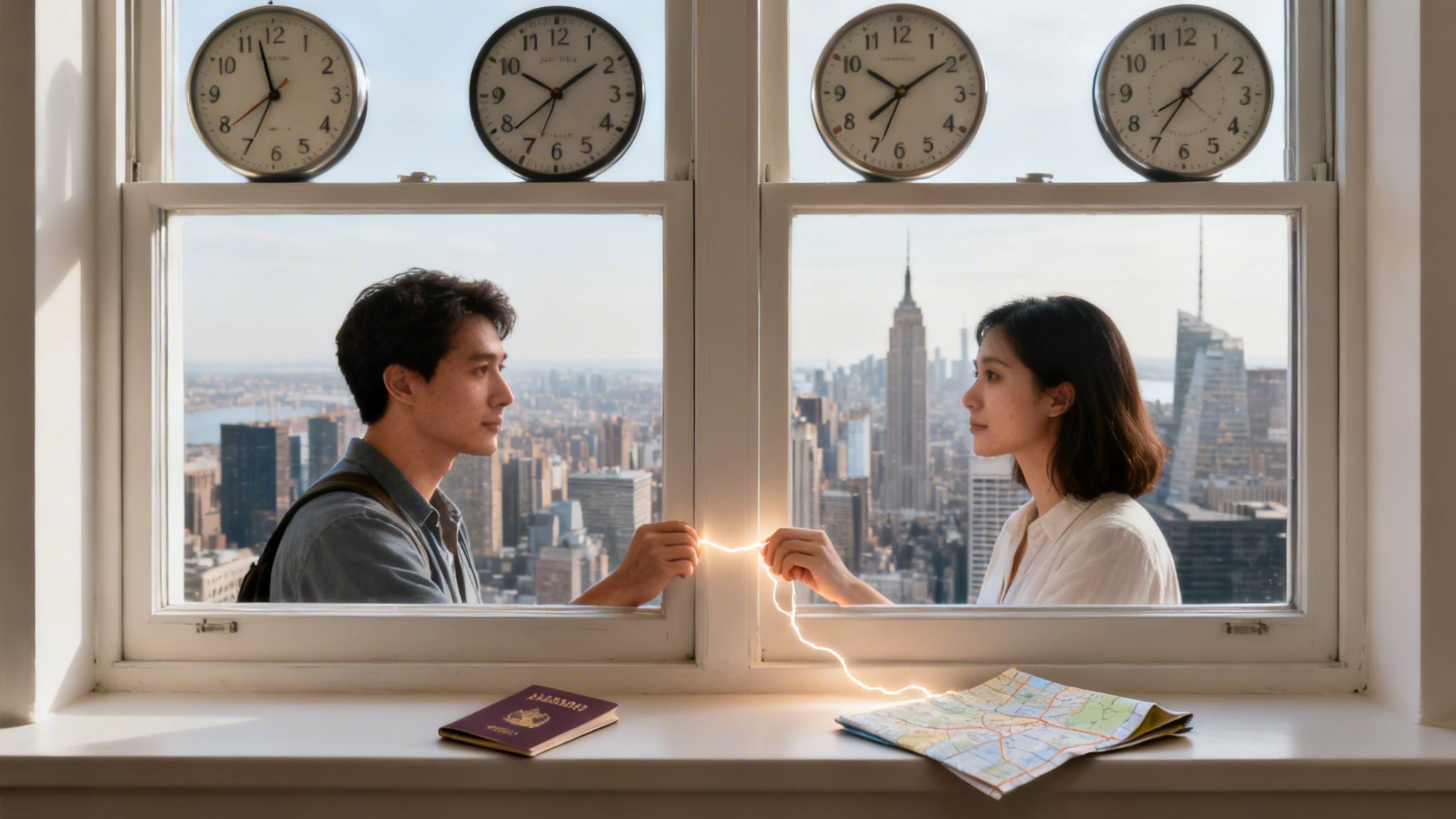Two people, separated by a window, connect with a glowing string, symbolizing a long-distance relationship.