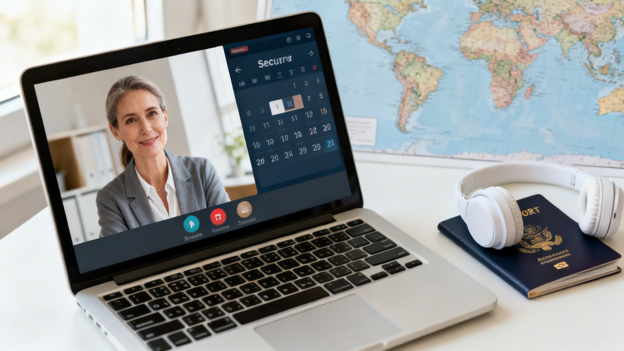 A smiling woman on a laptop video call, with headphones, a passport, and a world map in the background.
