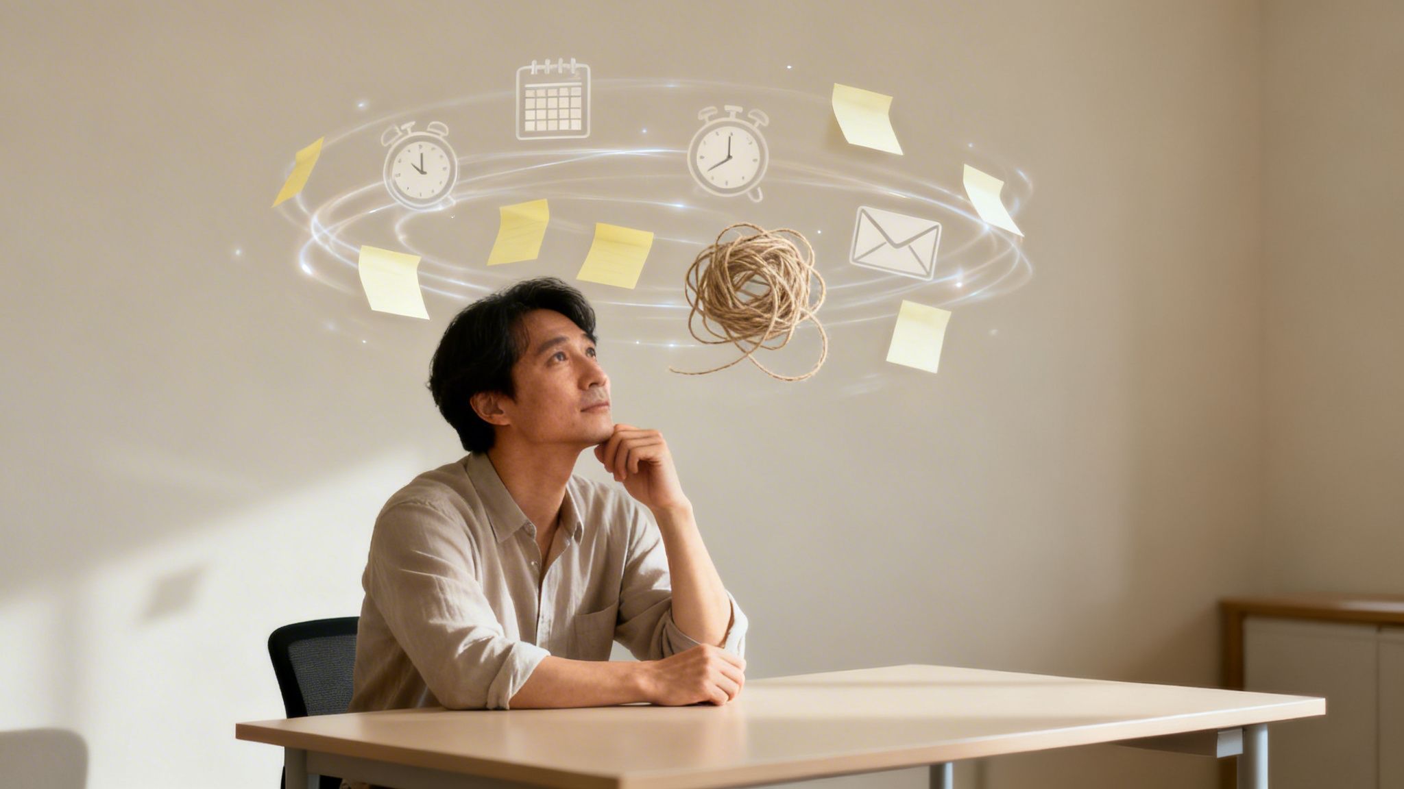 Thoughtful man observes a swirling mental visualization of tasks, time, and a tangled mess.