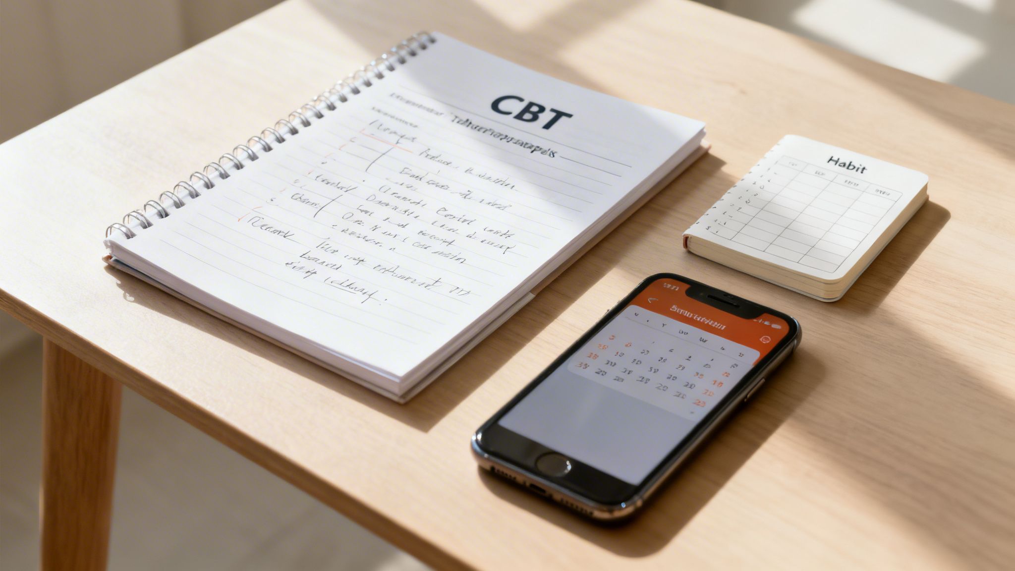A spiral notebook labeled CBT, a habit tracker, and a smartphone on a wooden desk.