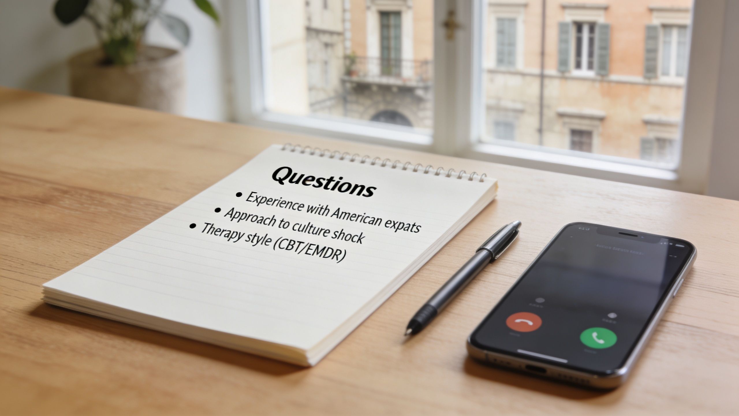A notepad with a list of therapy-related questions sitting on a wooden desk next to a phone.