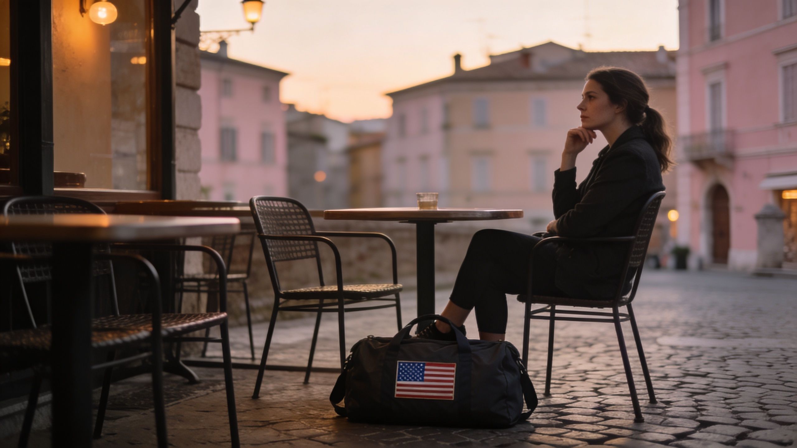 A contemplative woman sitting at an outdoor cafe table in an Italian town square with a duffel bag.