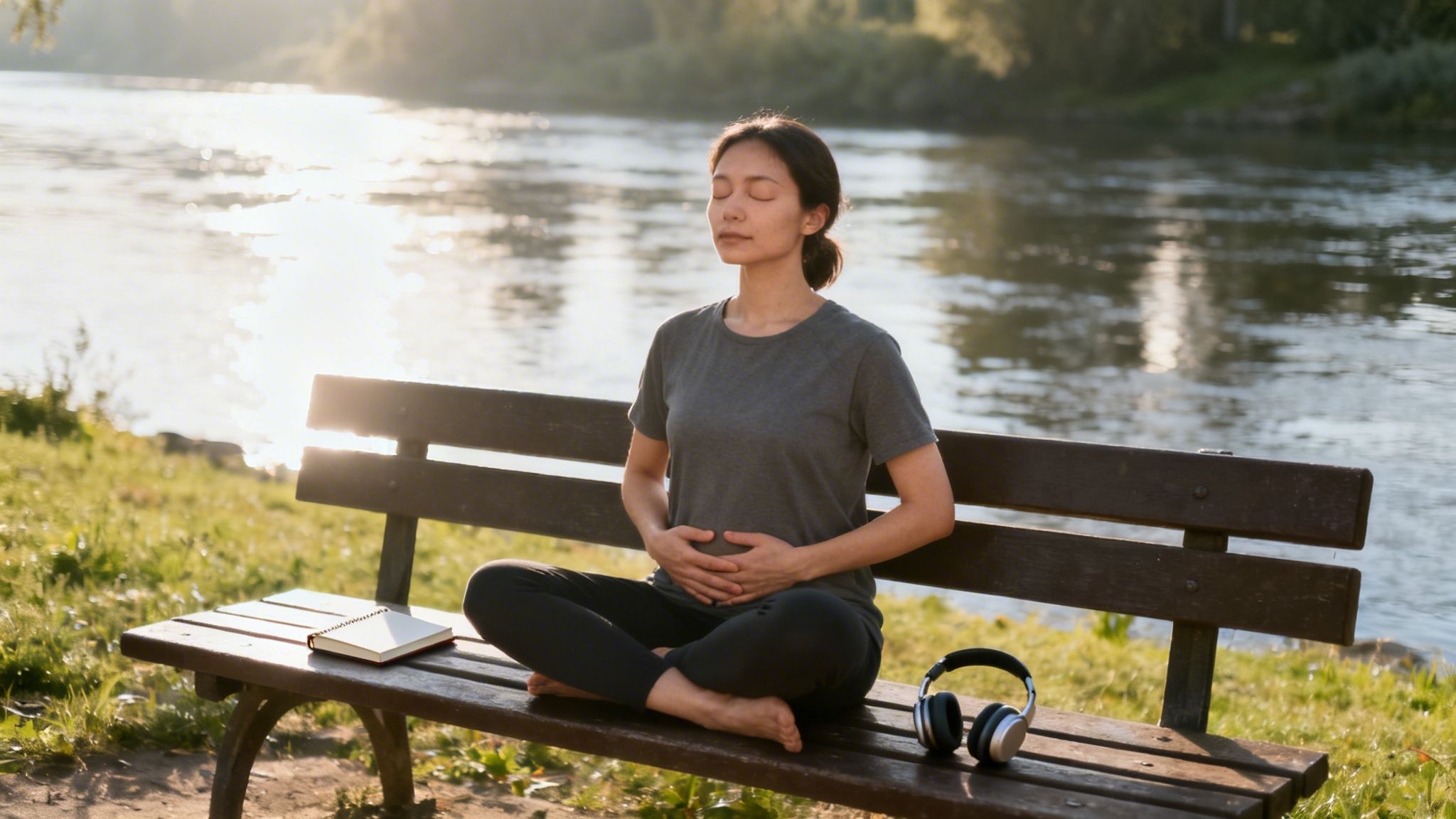 A woman meditating on a park bench by a sunlit river, with a notebook and headphones.