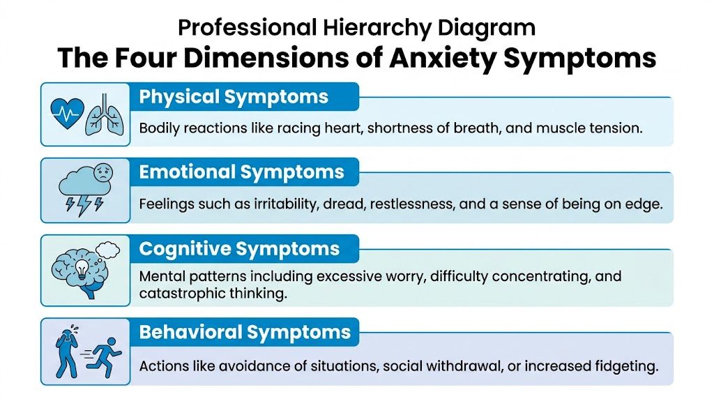 A professional infographic titled The Four Dimensions of Anxiety Symptoms, illustrating physical, emotional, cognitive, and behavioral categories.