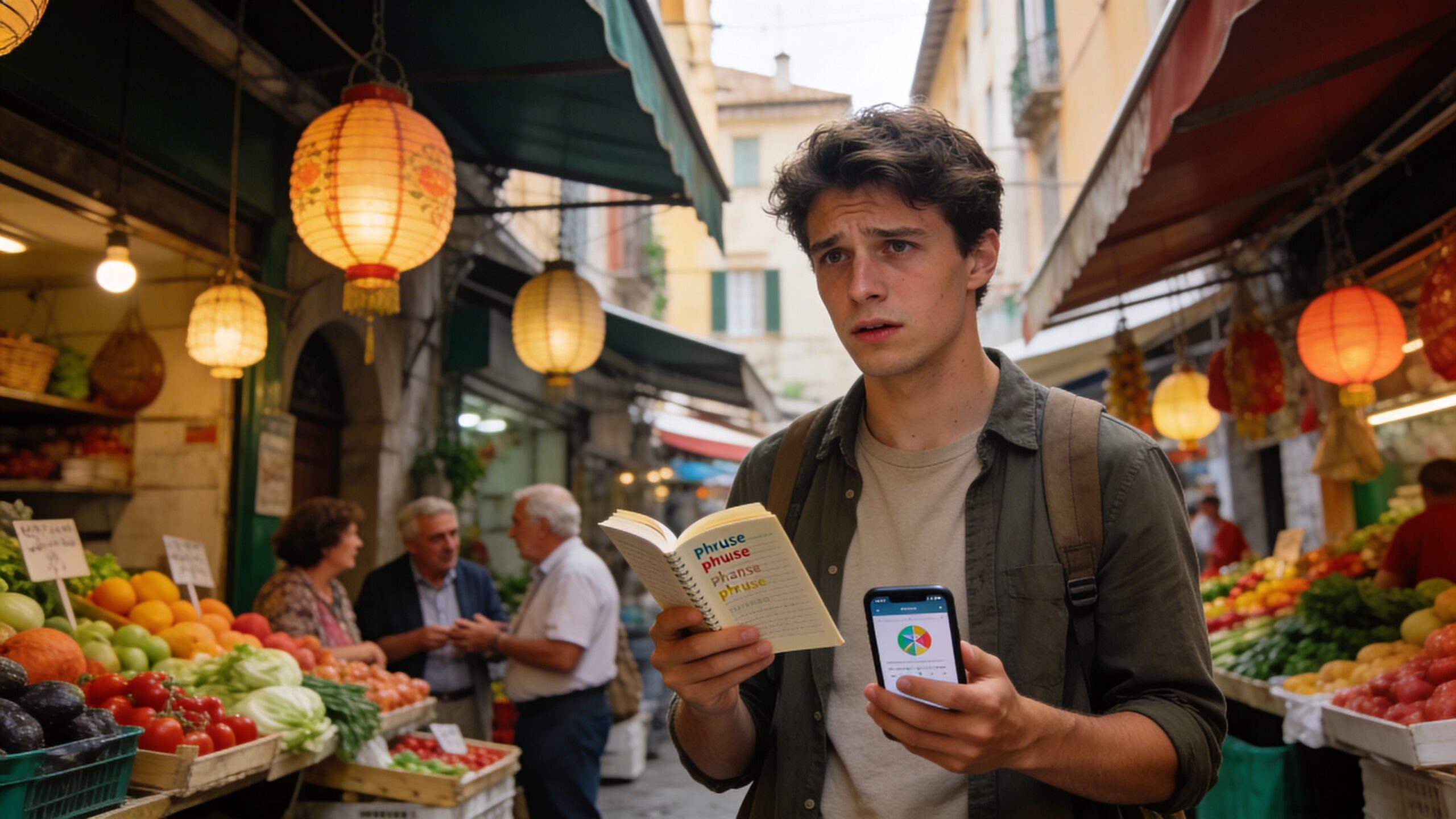 A confused young man holding a language phrasebook and a smartphone while standing in a busy market.