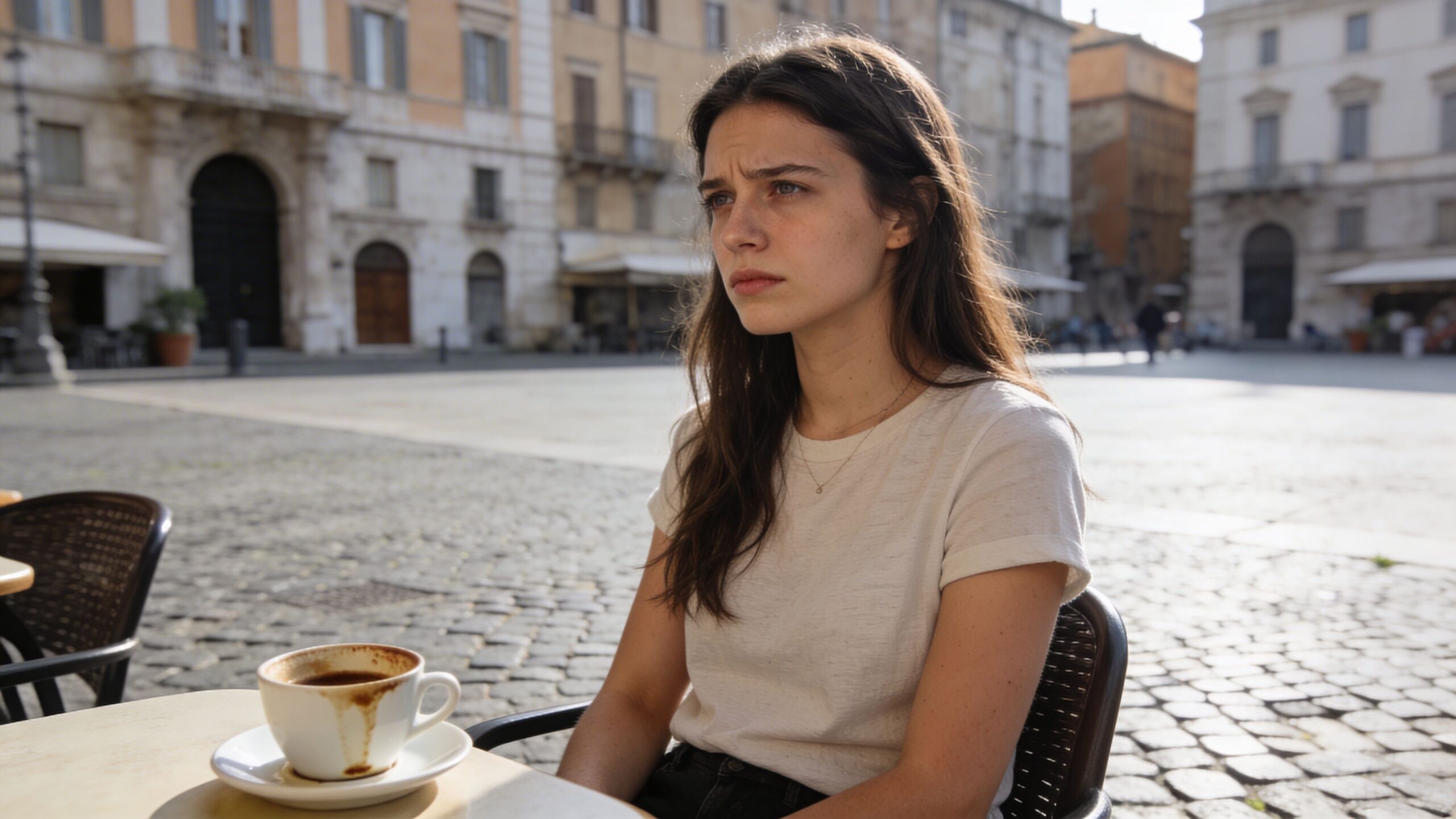 A pensive young woman sits alone at an outdoor cafe table in a European city square.