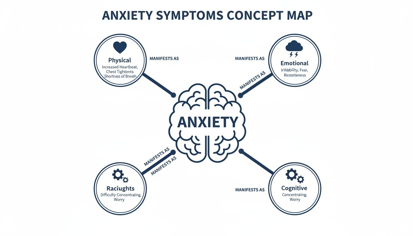 A concept map illustrating anxiety symptoms categorized into physical, emotional, thought, and cognitive manifestations.