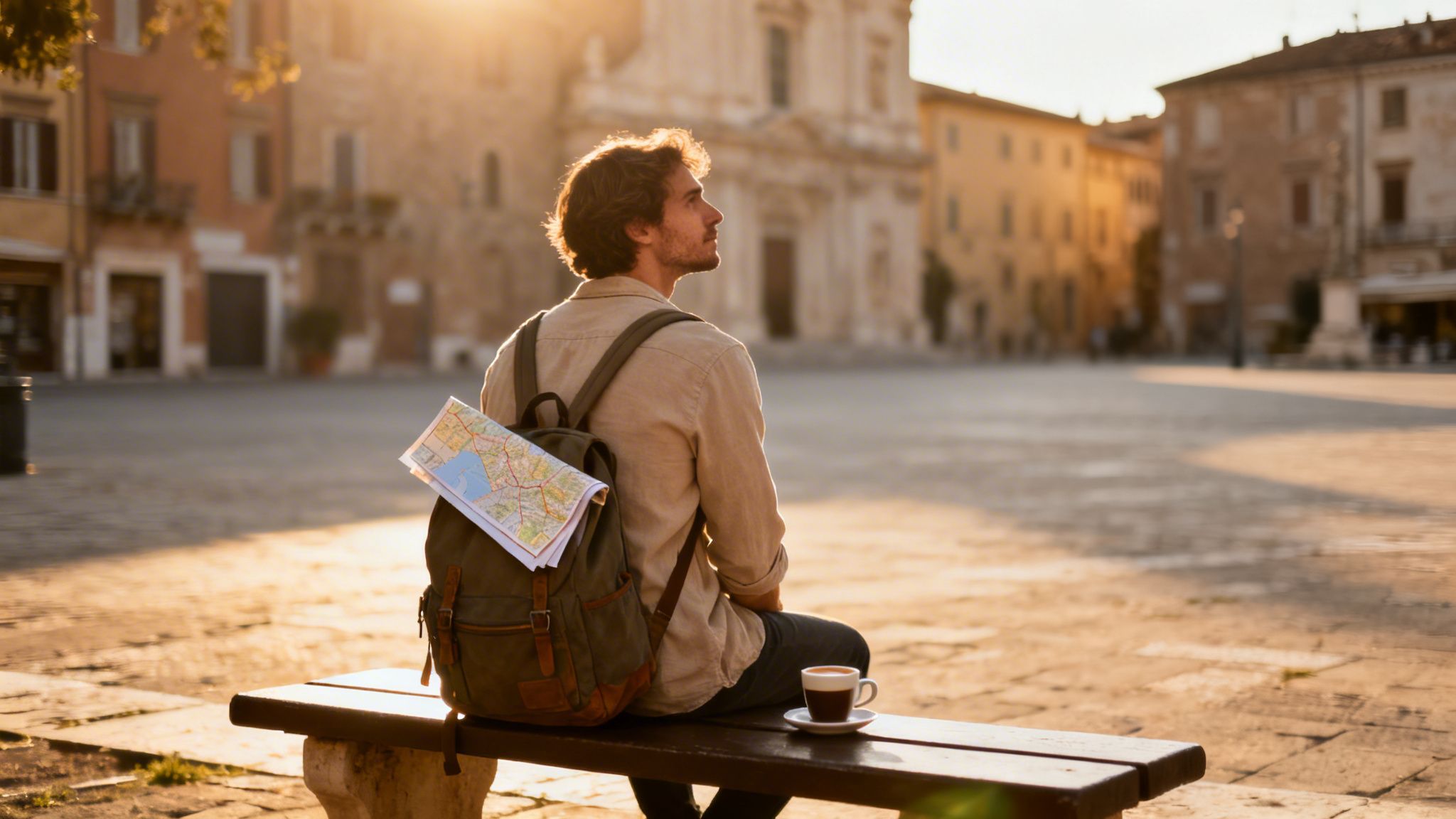 A young male traveler sits on a bench in a sunny town square, with a backpack, map, and coffee.