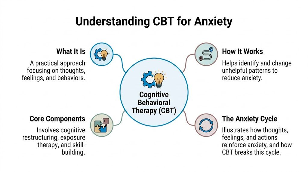 A diagram explaining Cognitive Behavioral Therapy for anxiety, highlighting its components, process, and the anxiety cycle.