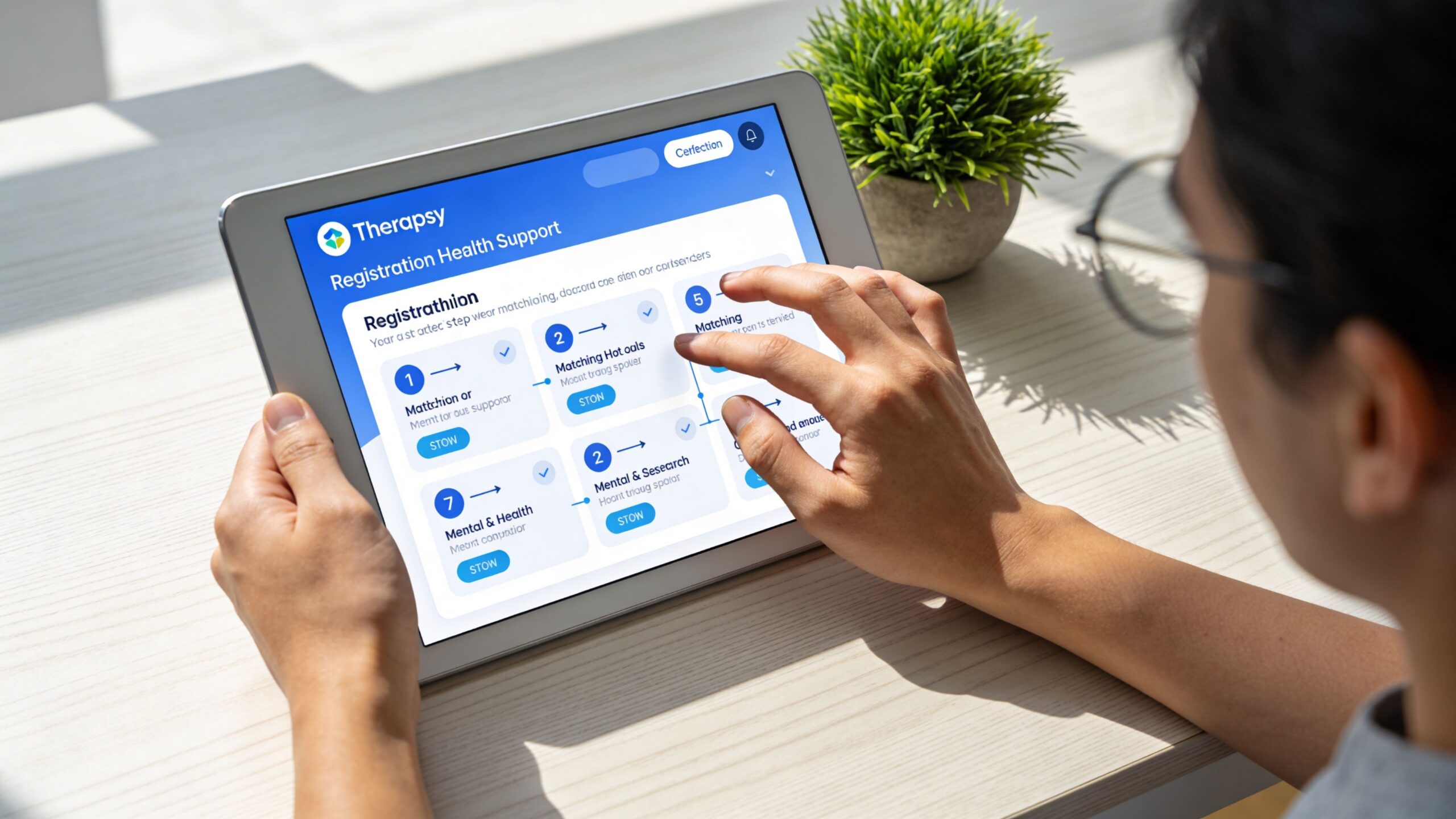 A person using a tablet to navigate an online health registration portal for therapy services.