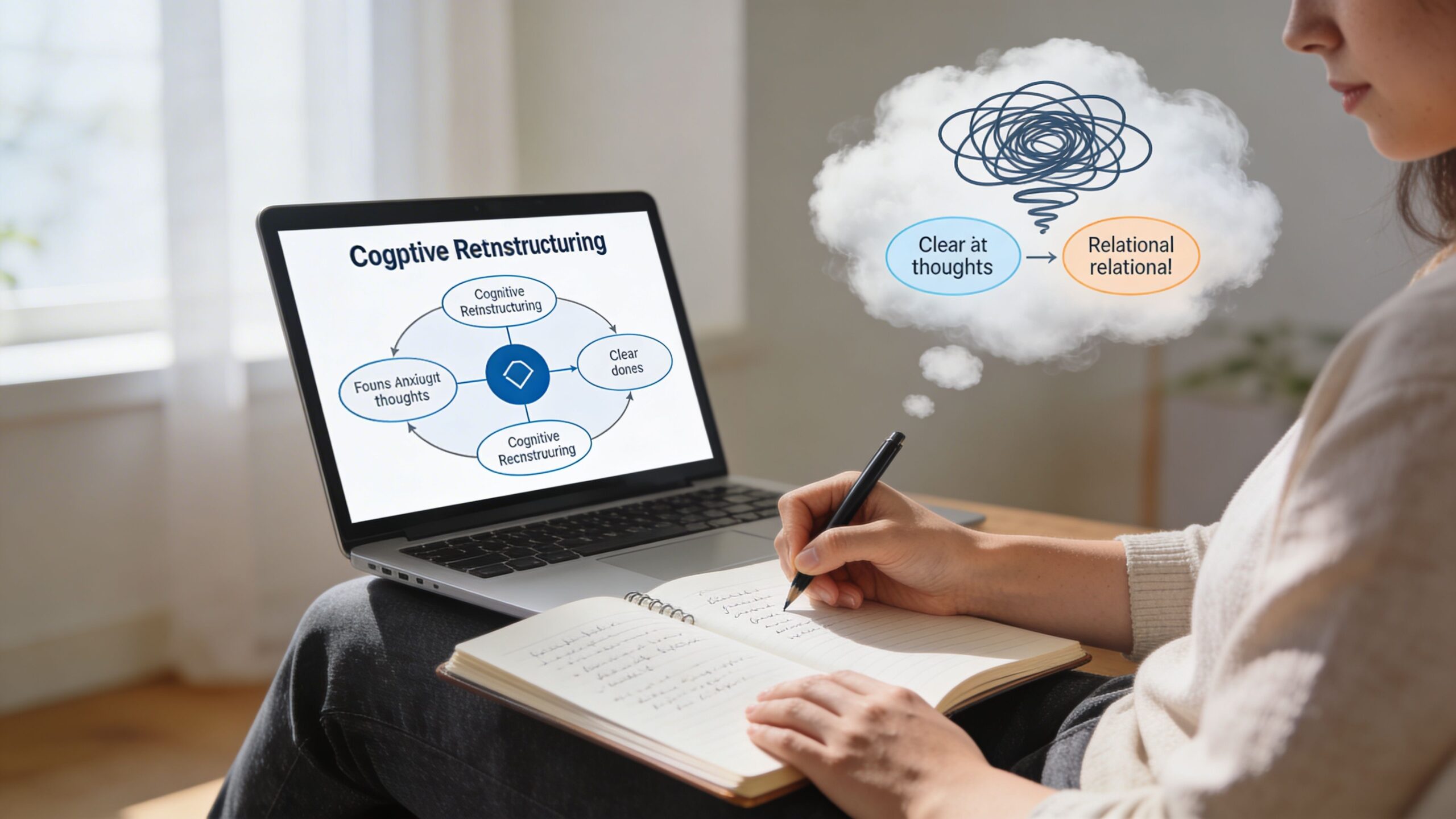 A young woman writing in a notebook with a laptop showing a cognitive restructuring diagram nearby.