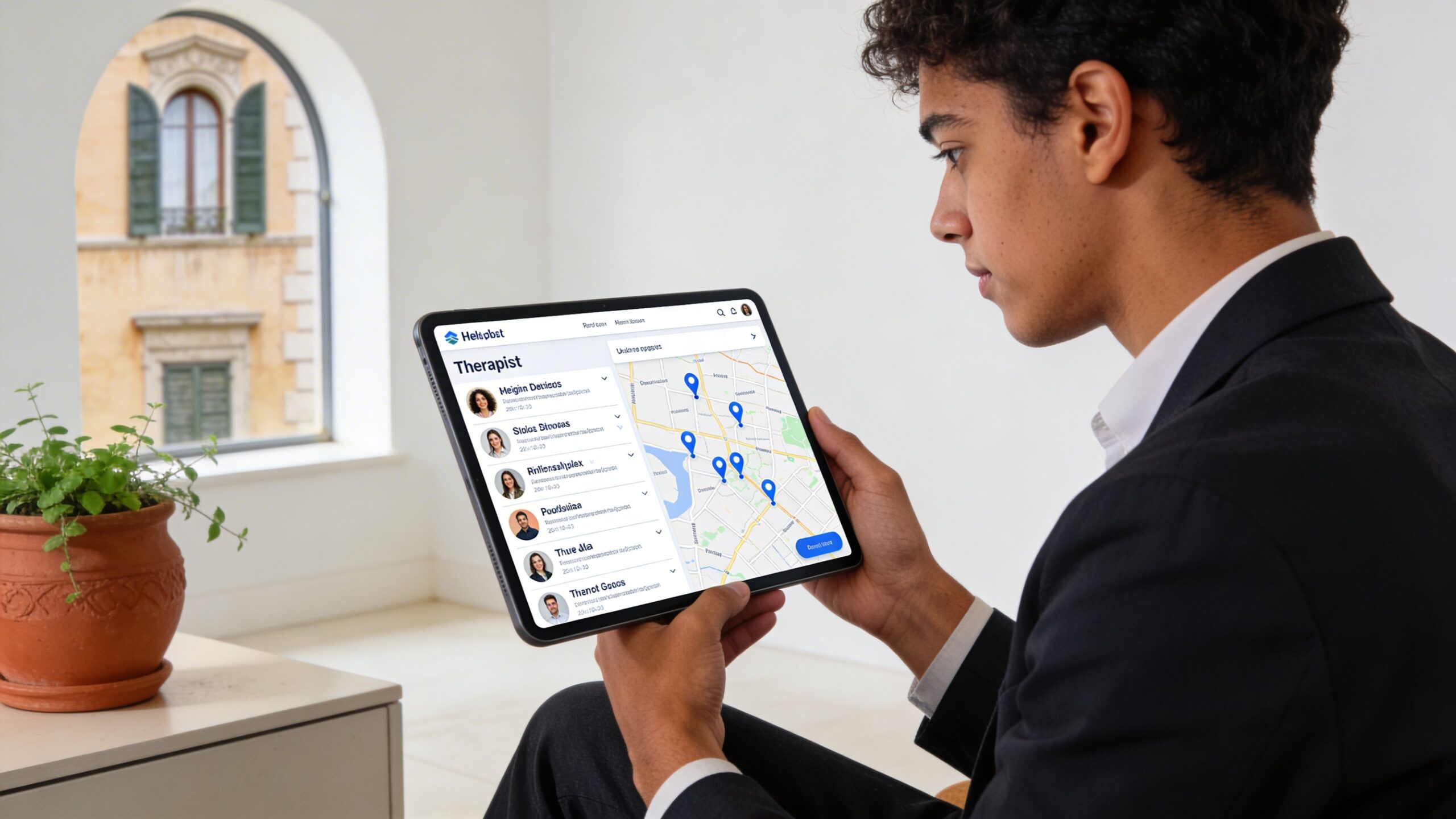 A young man in a suit using a tablet to search for therapists on a map application.