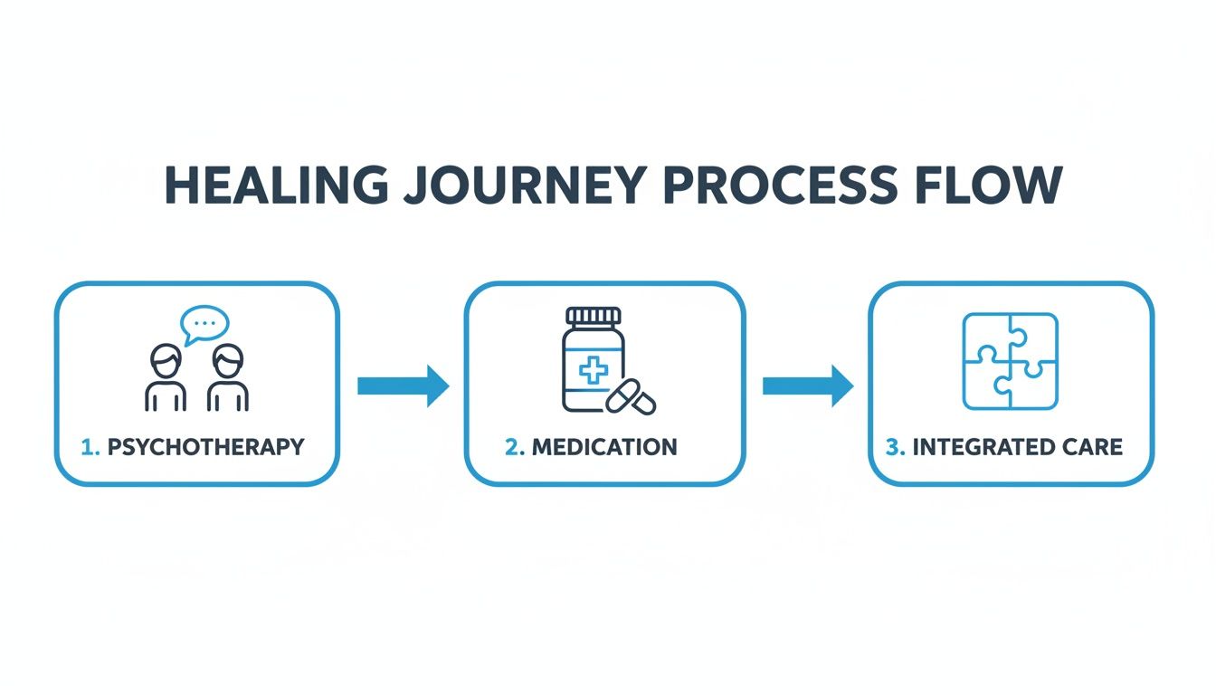 A three-step healing journey process flow diagram showing psychotherapy, medication, and integrated care.