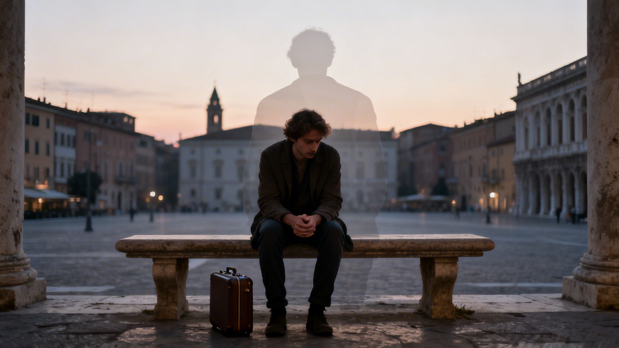 A melancholic man sits on a stone bench in a city square, accompanied by a ghostly silhouette.