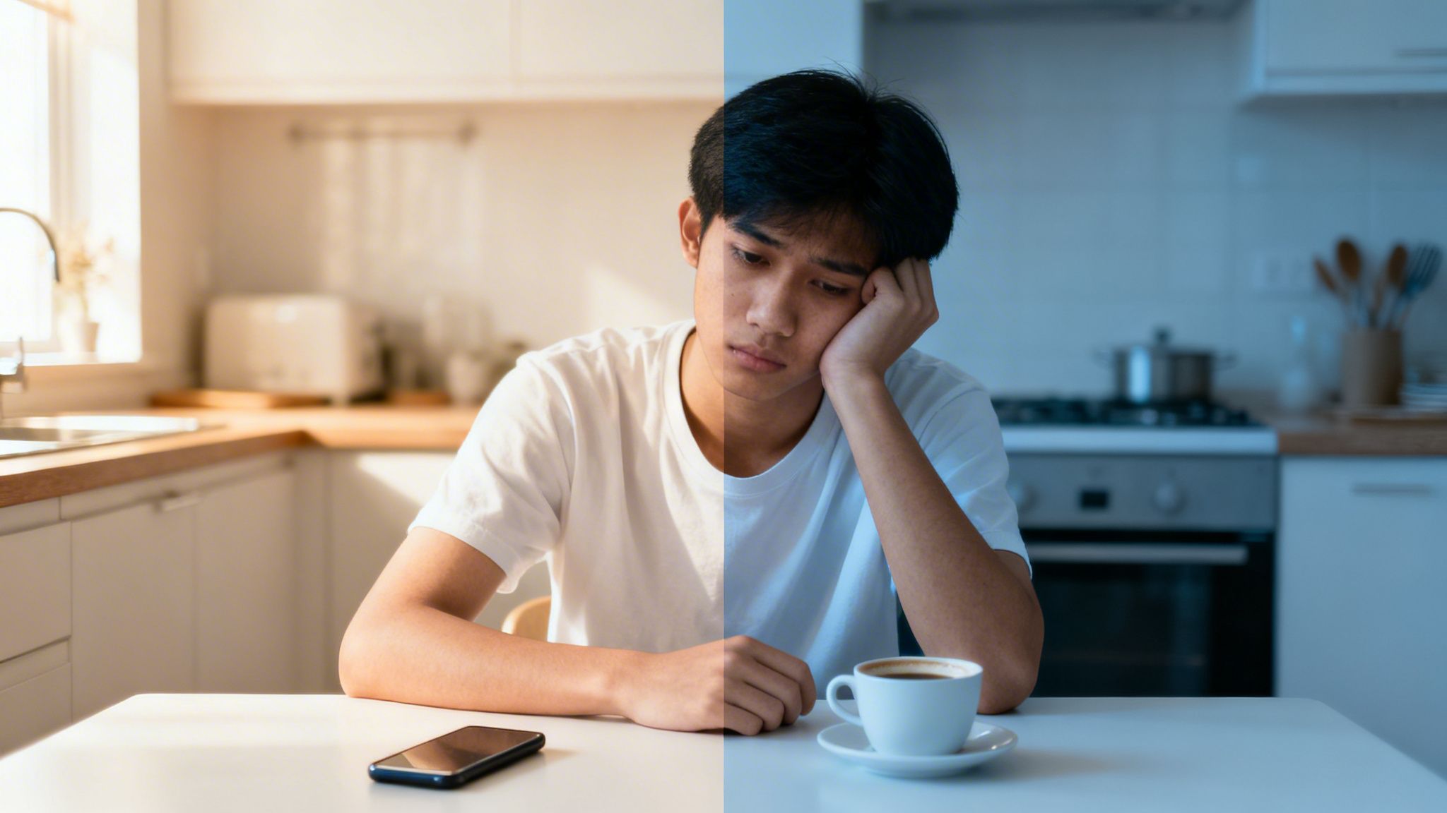 A sad young man sits at a kitchen table, split between bright day and dark night, with a phone and coffee.