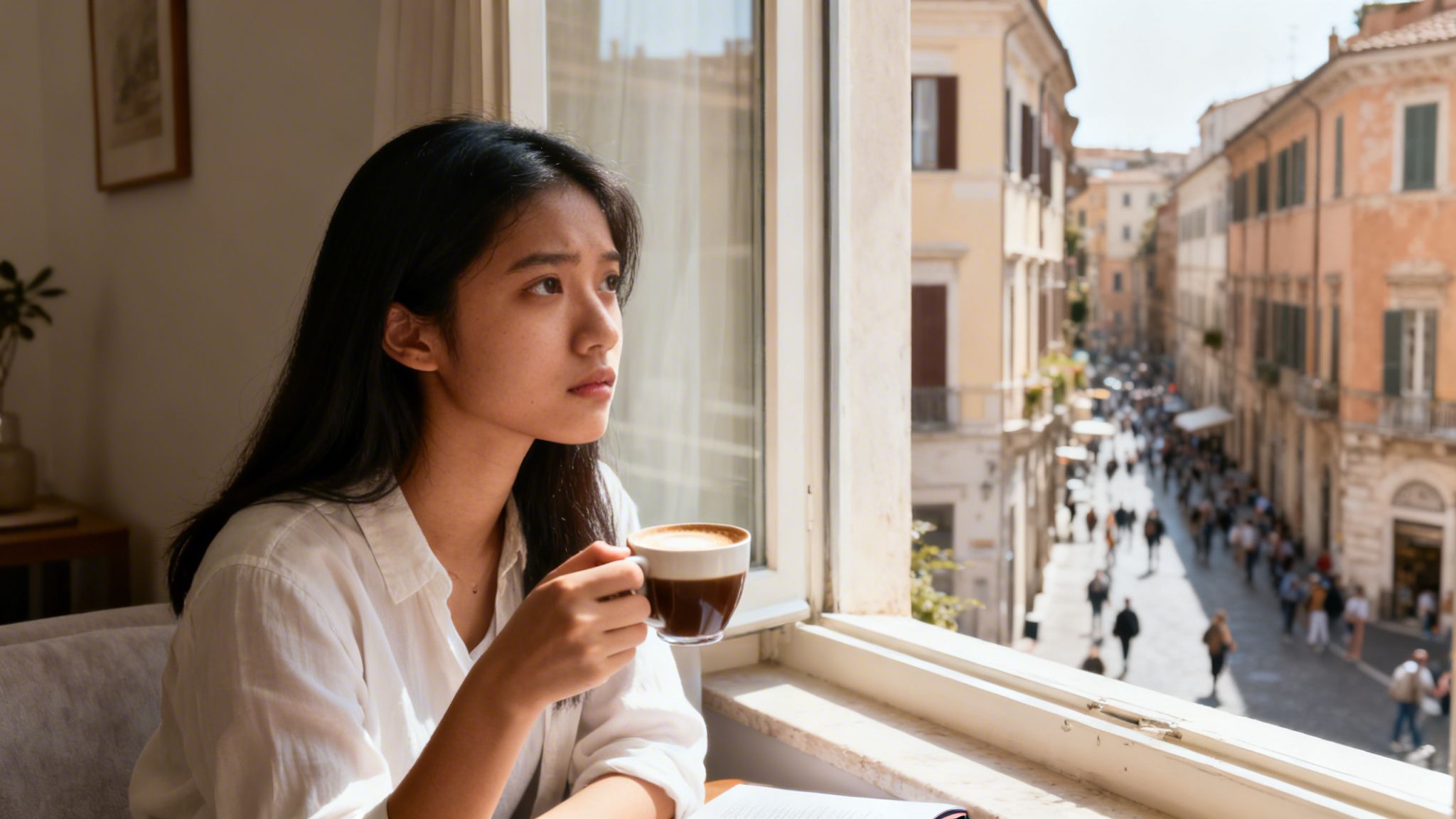 A young woman sitting by a window, thoughtfully looking out at a busy European city street.