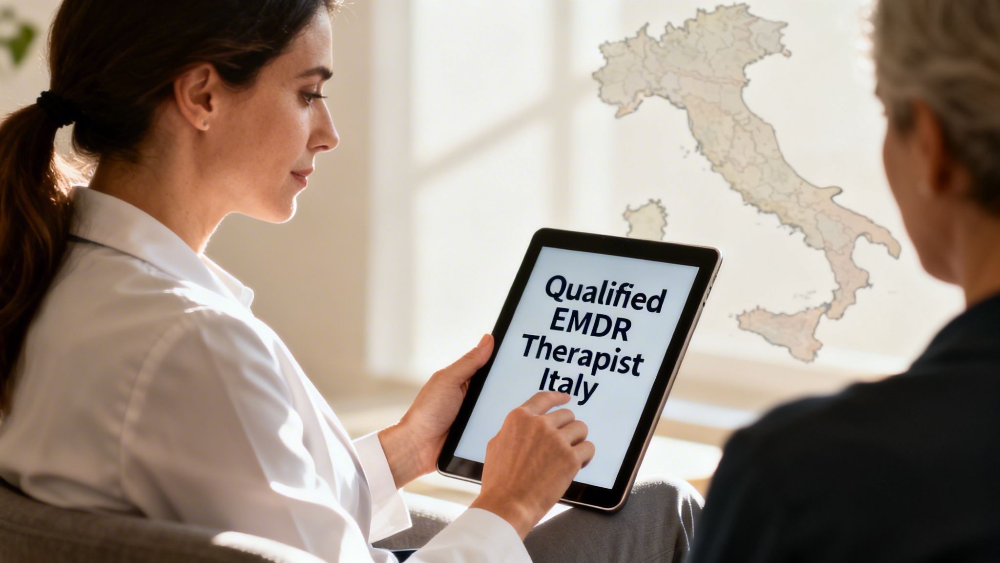 A professional therapist using a tablet to show information about finding a qualified EMDR therapist in Italy.