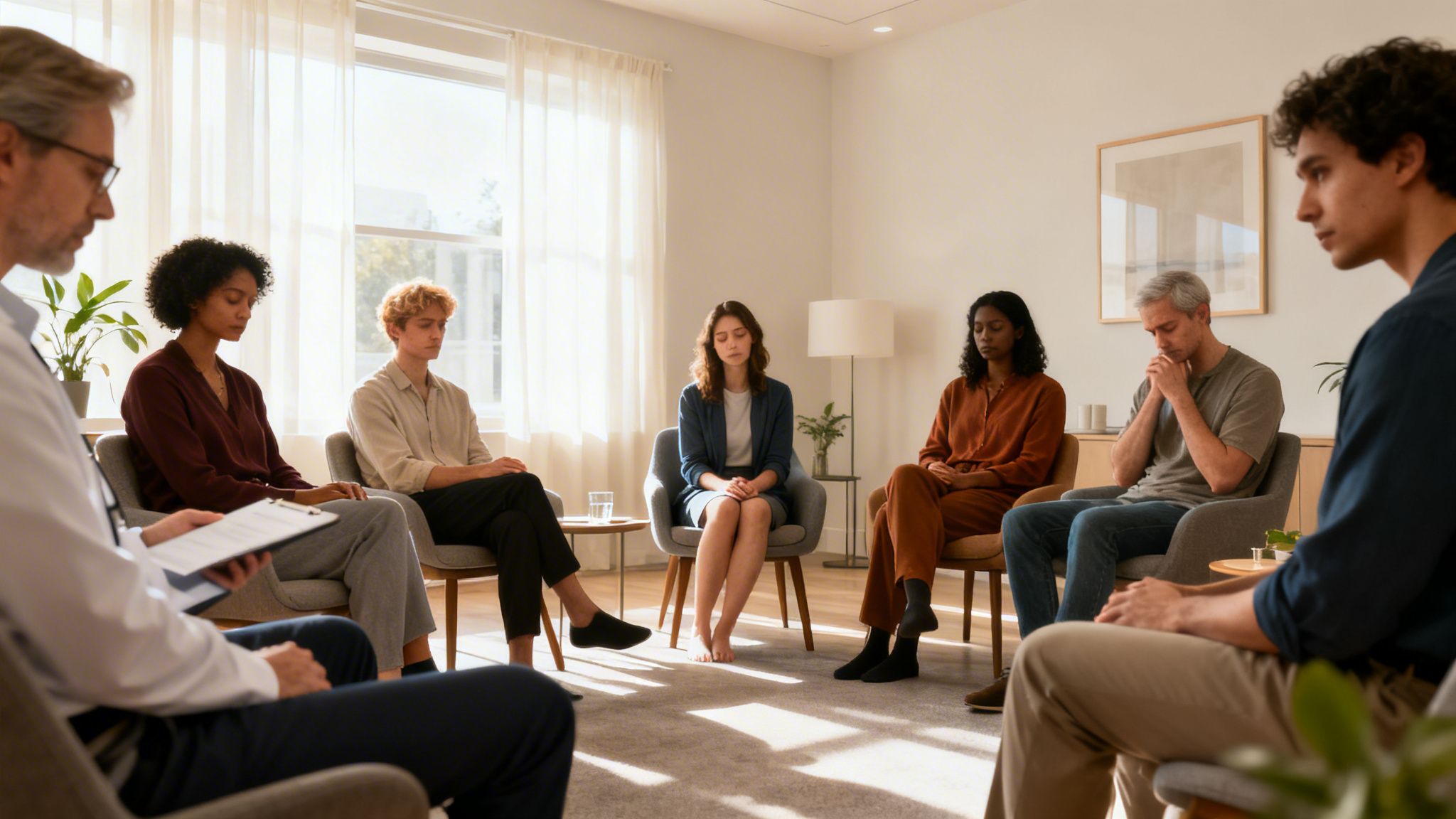 A professional counselor leads a diverse group of people during a guided therapeutic support session.