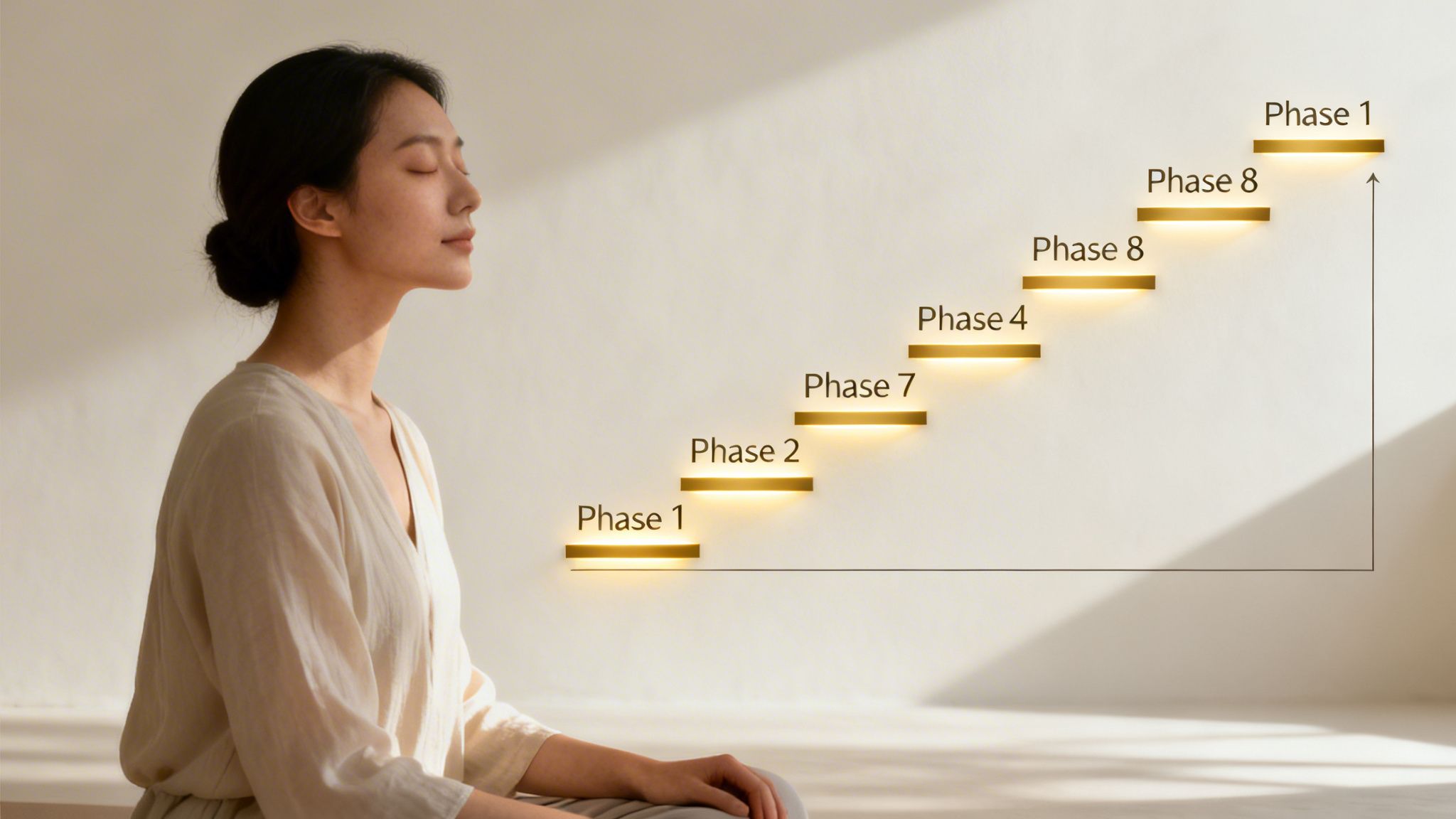 A woman meditating peacefully beside a glowing stair graphic representing eight phases of EMDR therapy.