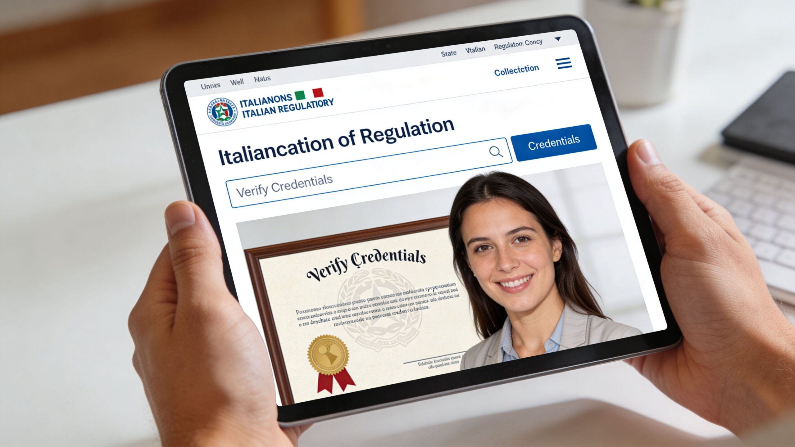 A person holding a tablet showing an Italian regulatory website for verifying professional credentials and certifications online.