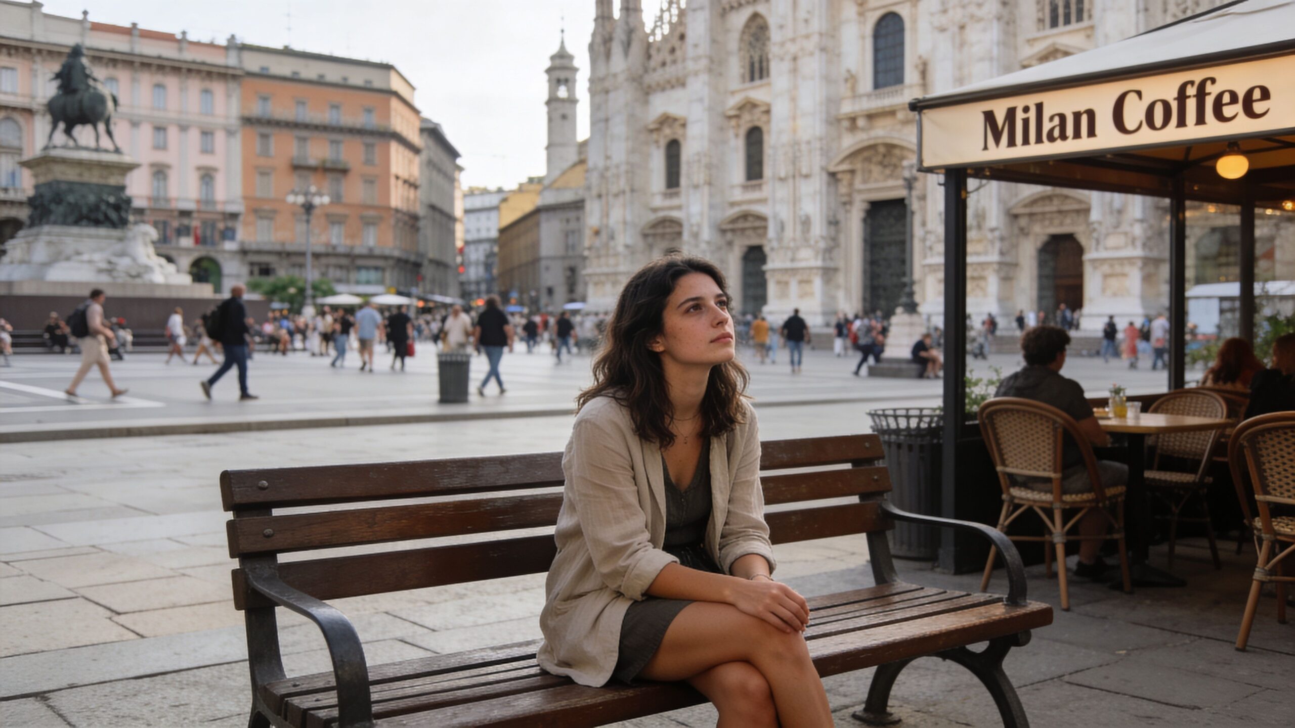 A pensive young woman sitting on a park bench in front of the historic Milan Cathedral building.