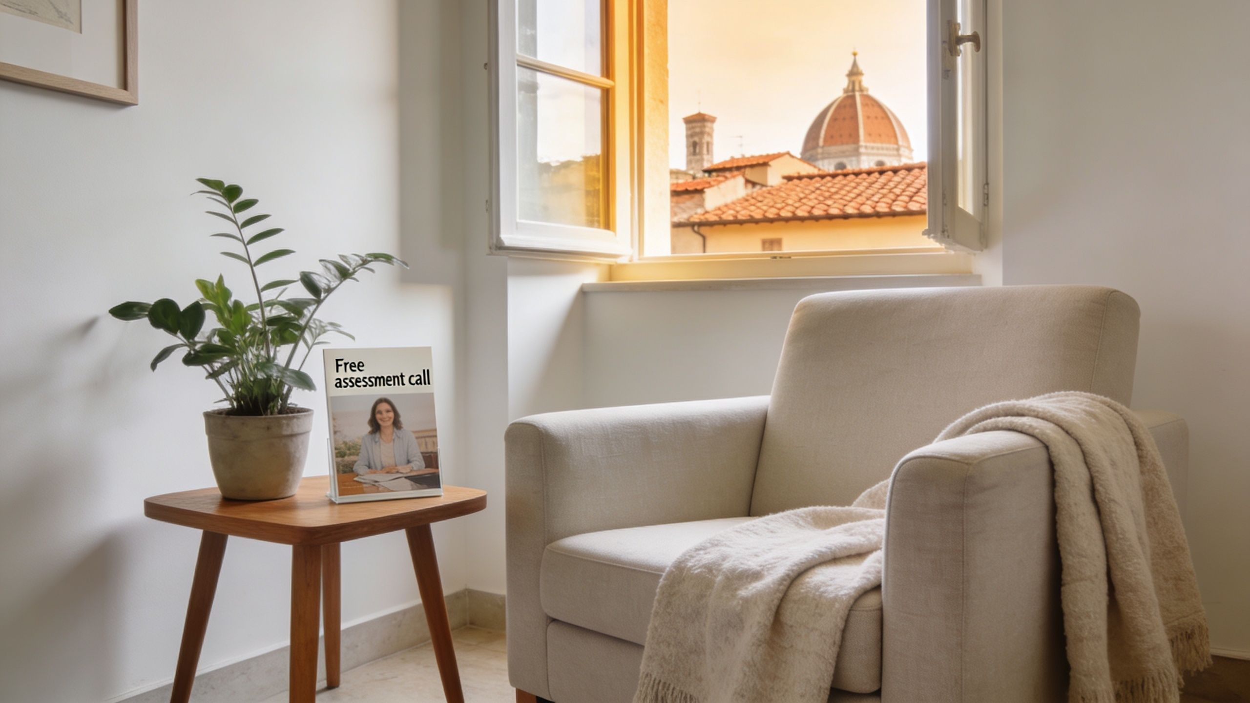 A cozy room featuring a comfortable armchair, a small side table with a plant, and a view of the Florence Cathedral through an open window.