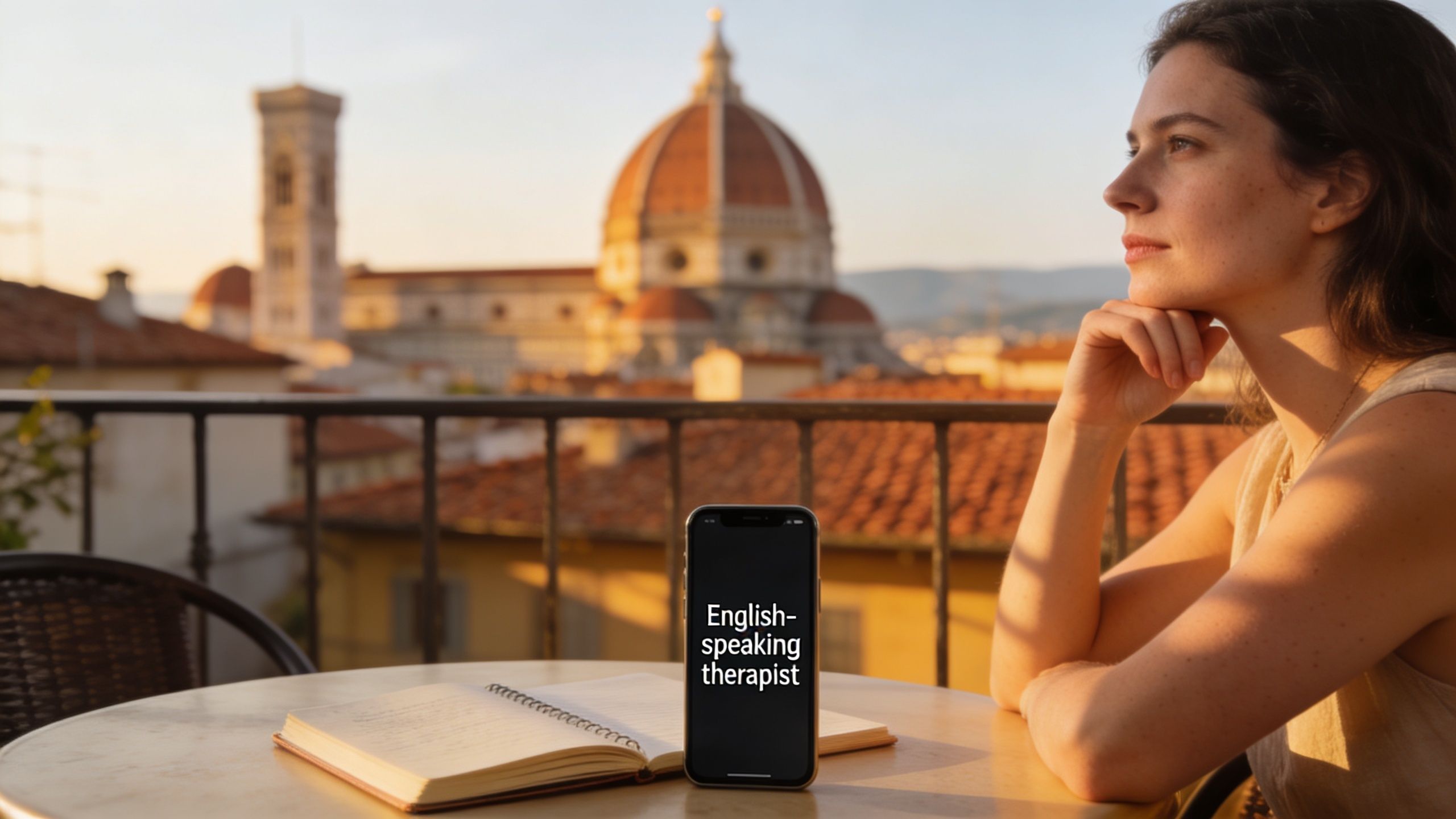 A young woman looks thoughtful while sitting on a balcony in Florence with a therapy phone app.