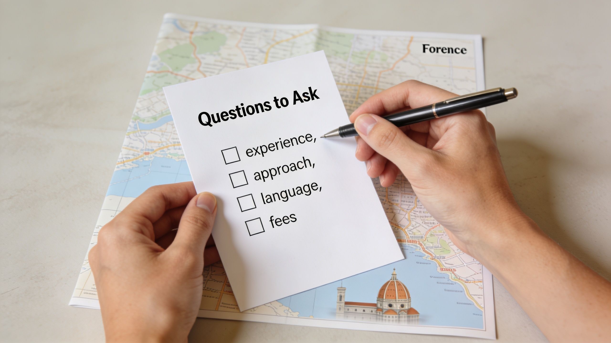 A person writing a checklist with questions for an English-speaking therapist in Florence, Italy on a map.