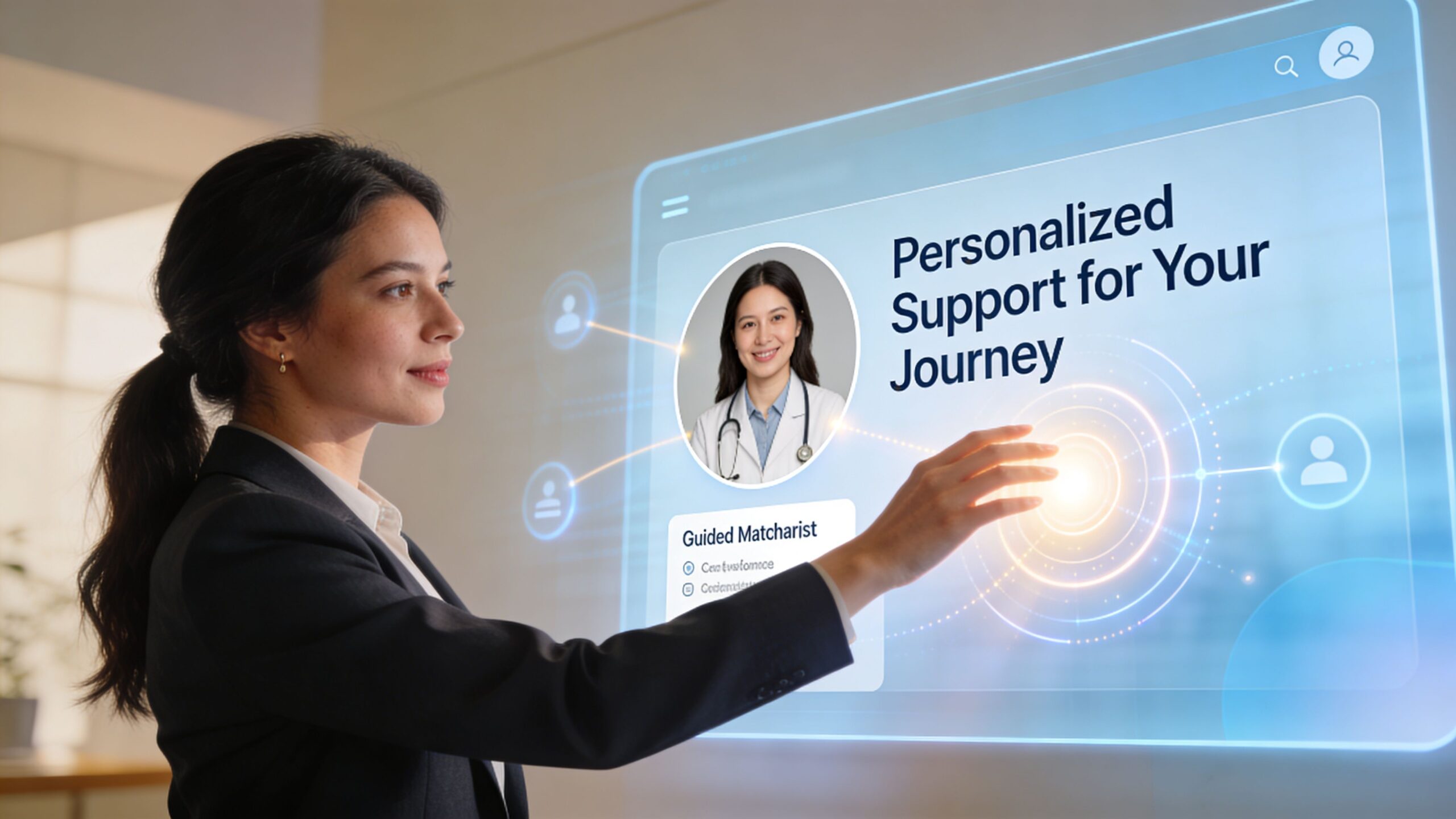 A professional woman interacting with a digital interface featuring a therapist and personalized healthcare support options.