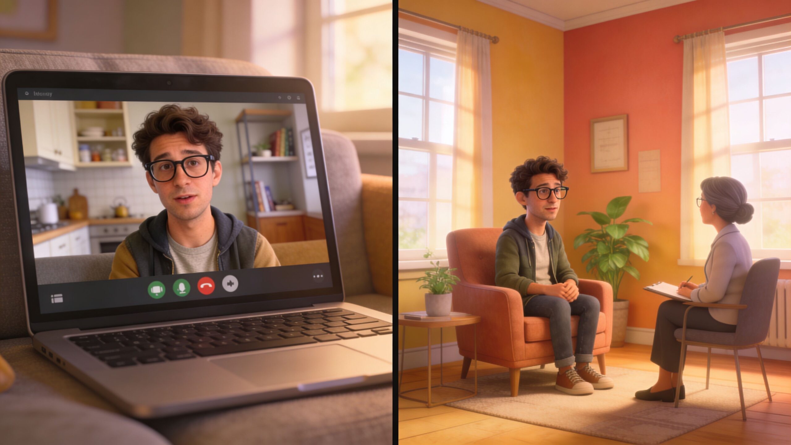 A split image showing a man in a video therapy session on a laptop and in-person counseling.