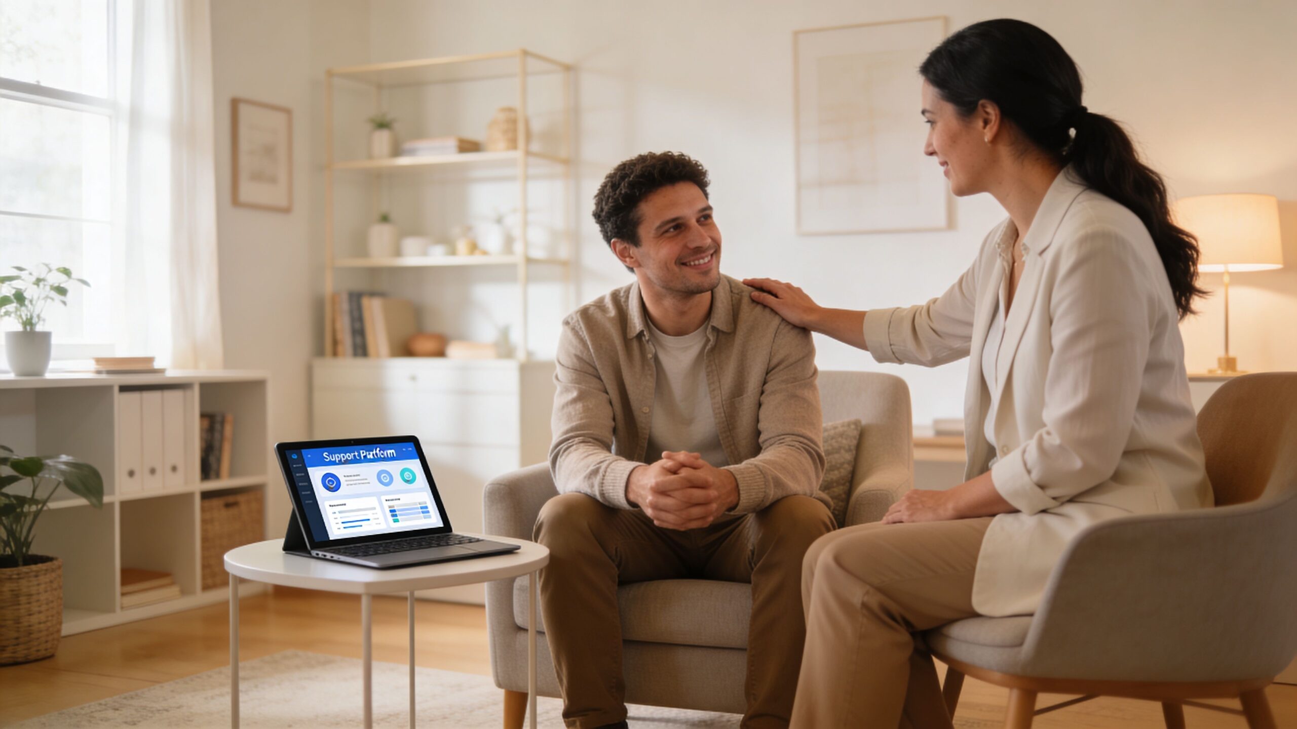 A caring therapist provides support to a patient during an English speaking therapy session in Rome.