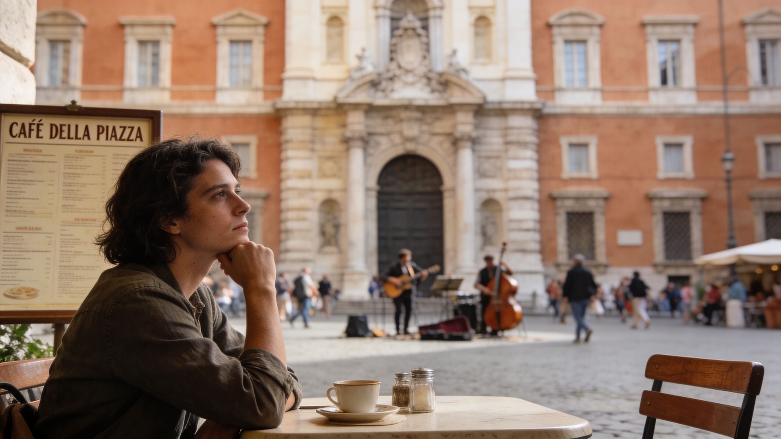 A pensive young man sits at an outdoor cafe table in Rome with musicians playing in the background.