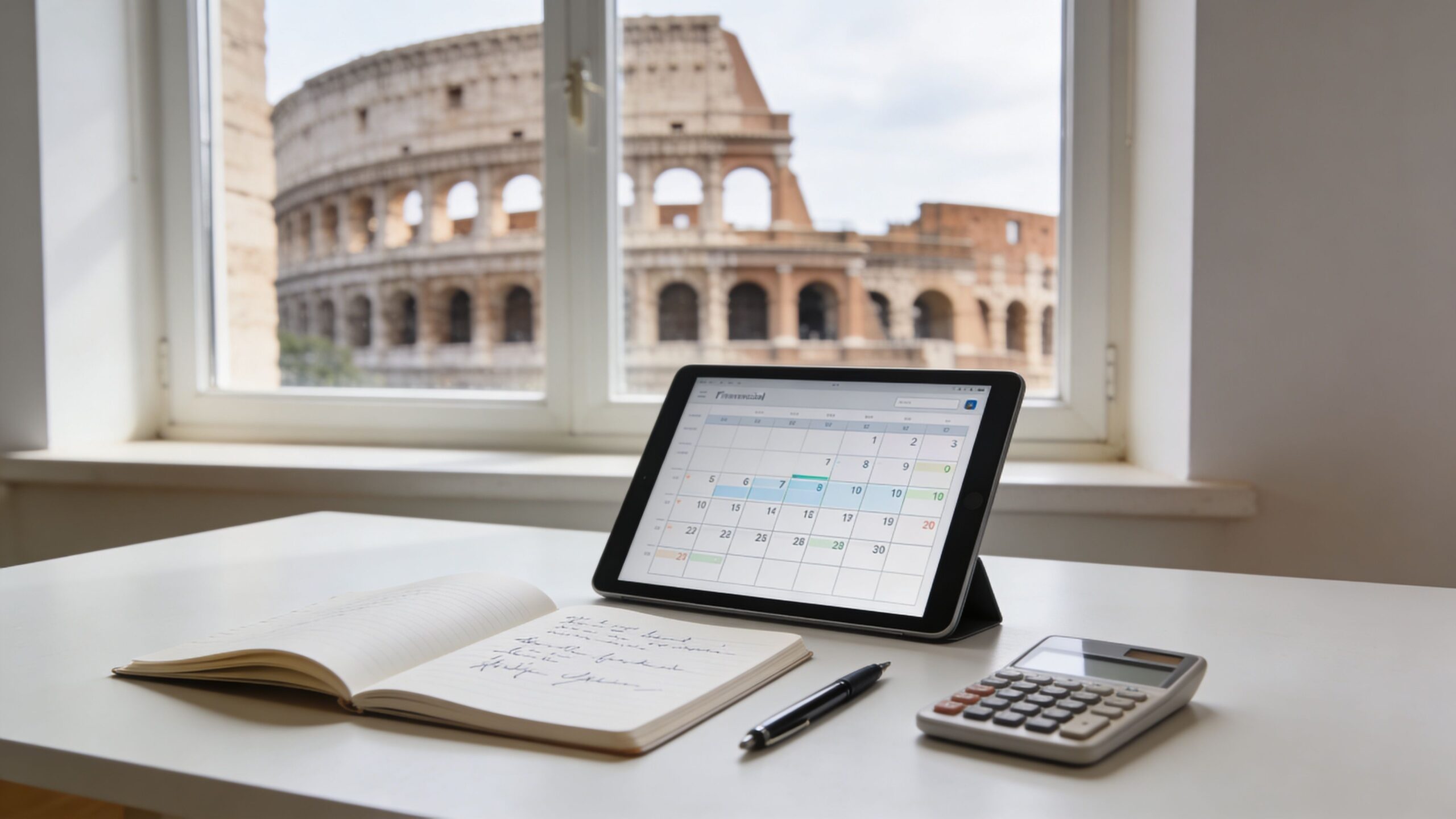 A digital calendar on a tablet with a notebook and calculator overlooking the Roman Colosseum.