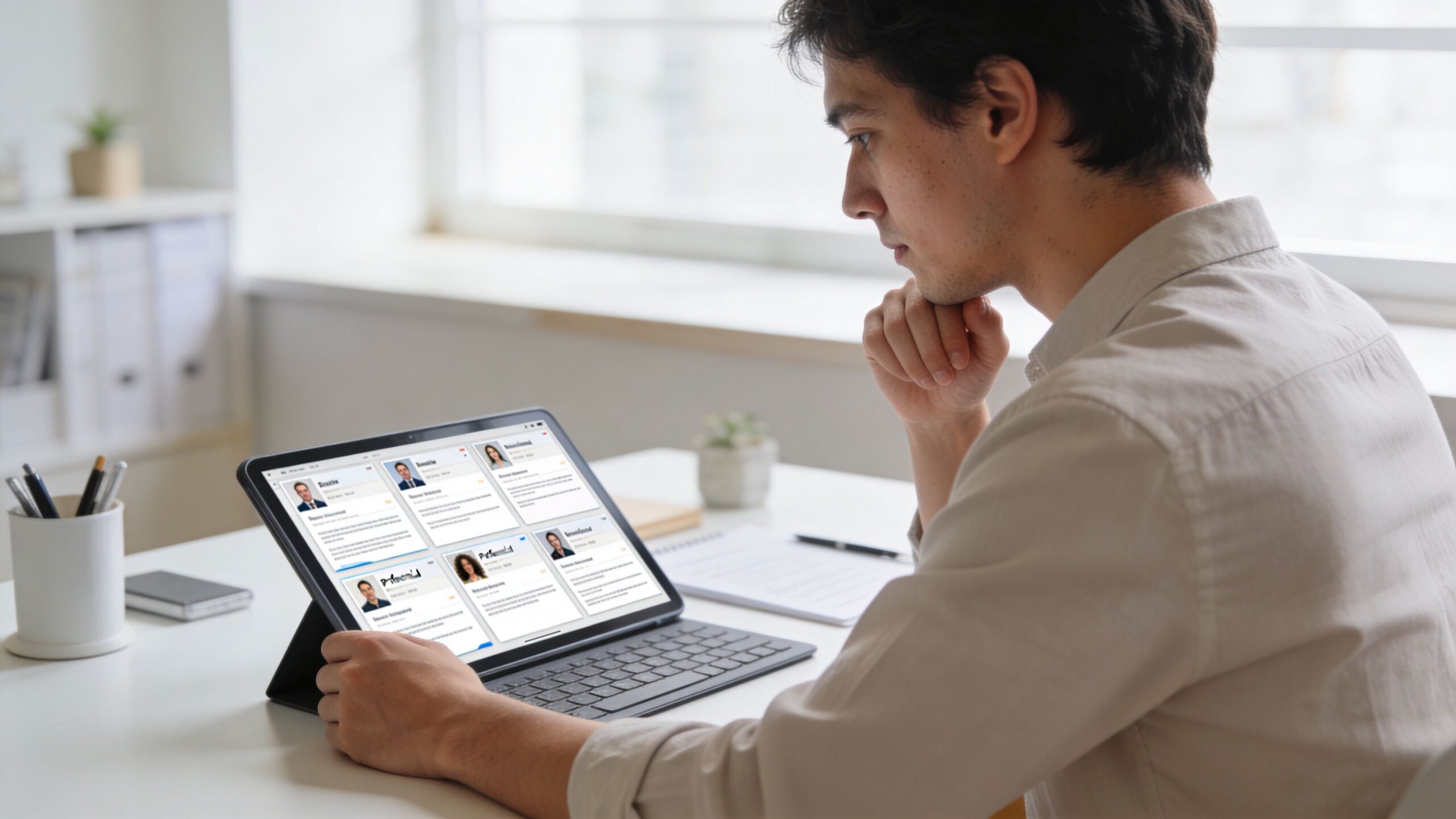 A young man sitting at a desk reviewing professional therapist profiles on a tablet computer.