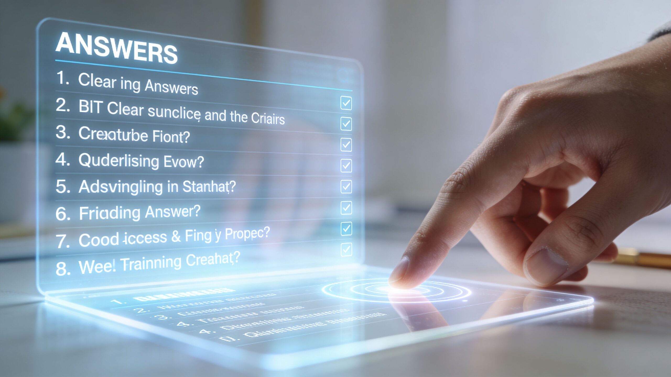 A hand interacting with a futuristic, holographic glass display showing a numbered list of answer options.
