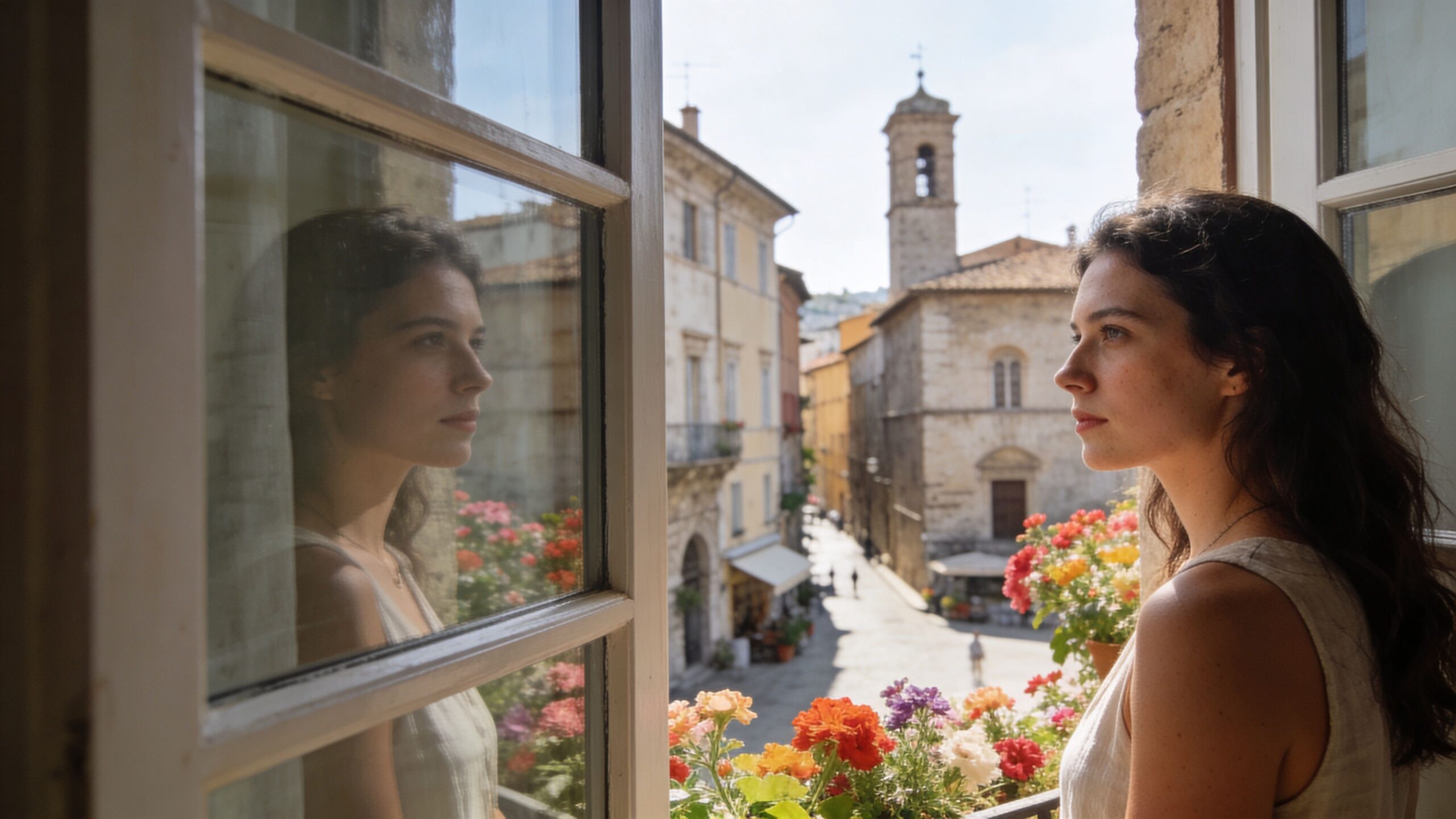 A woman looks out from a window over a picturesque cobblestone street in a historic Italian town.