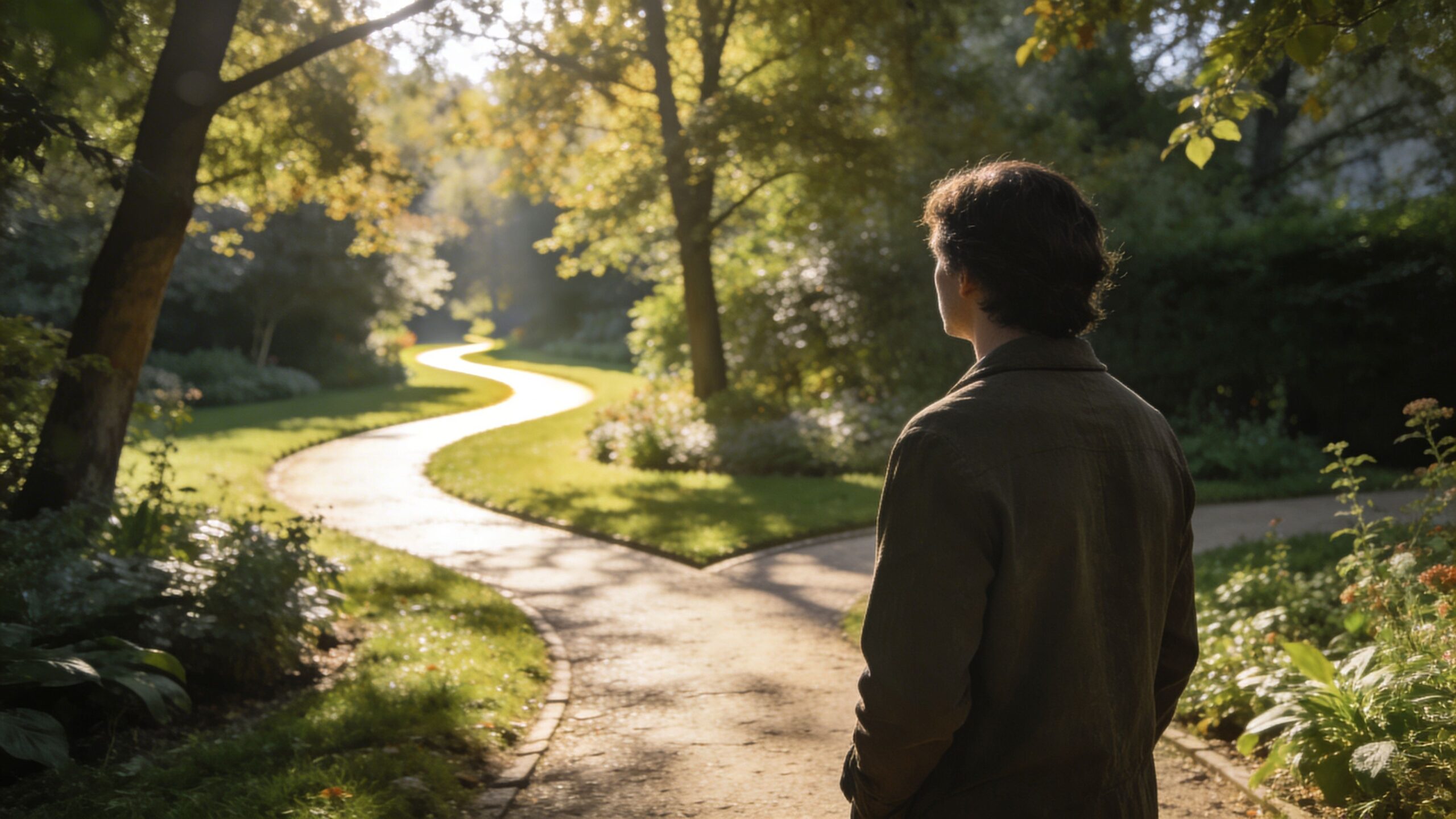 A man standing in a lush garden looking at a winding path diverging into two directions.