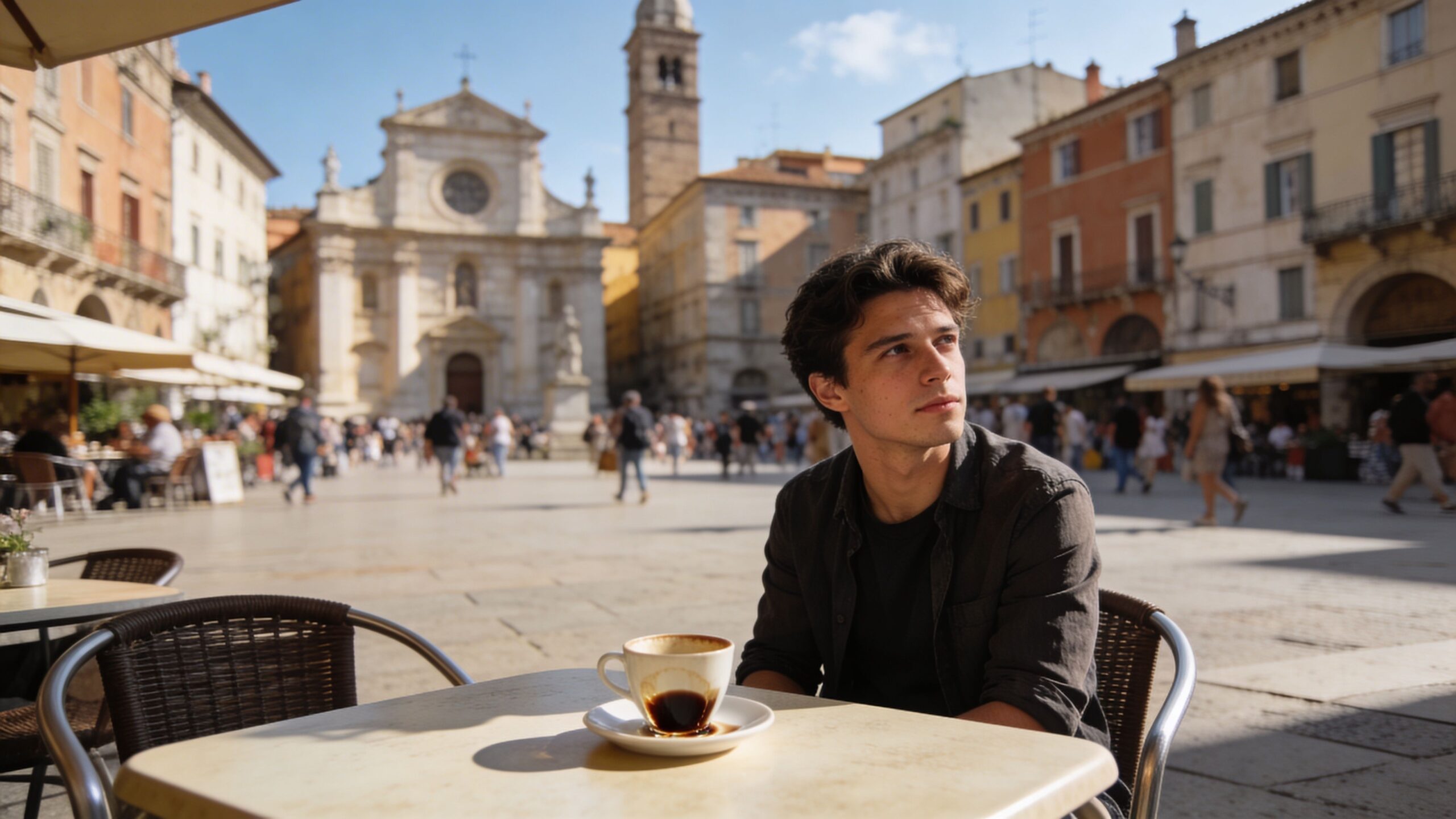 A young man sitting thoughtfully at an outdoor cafe table in a scenic European town square.