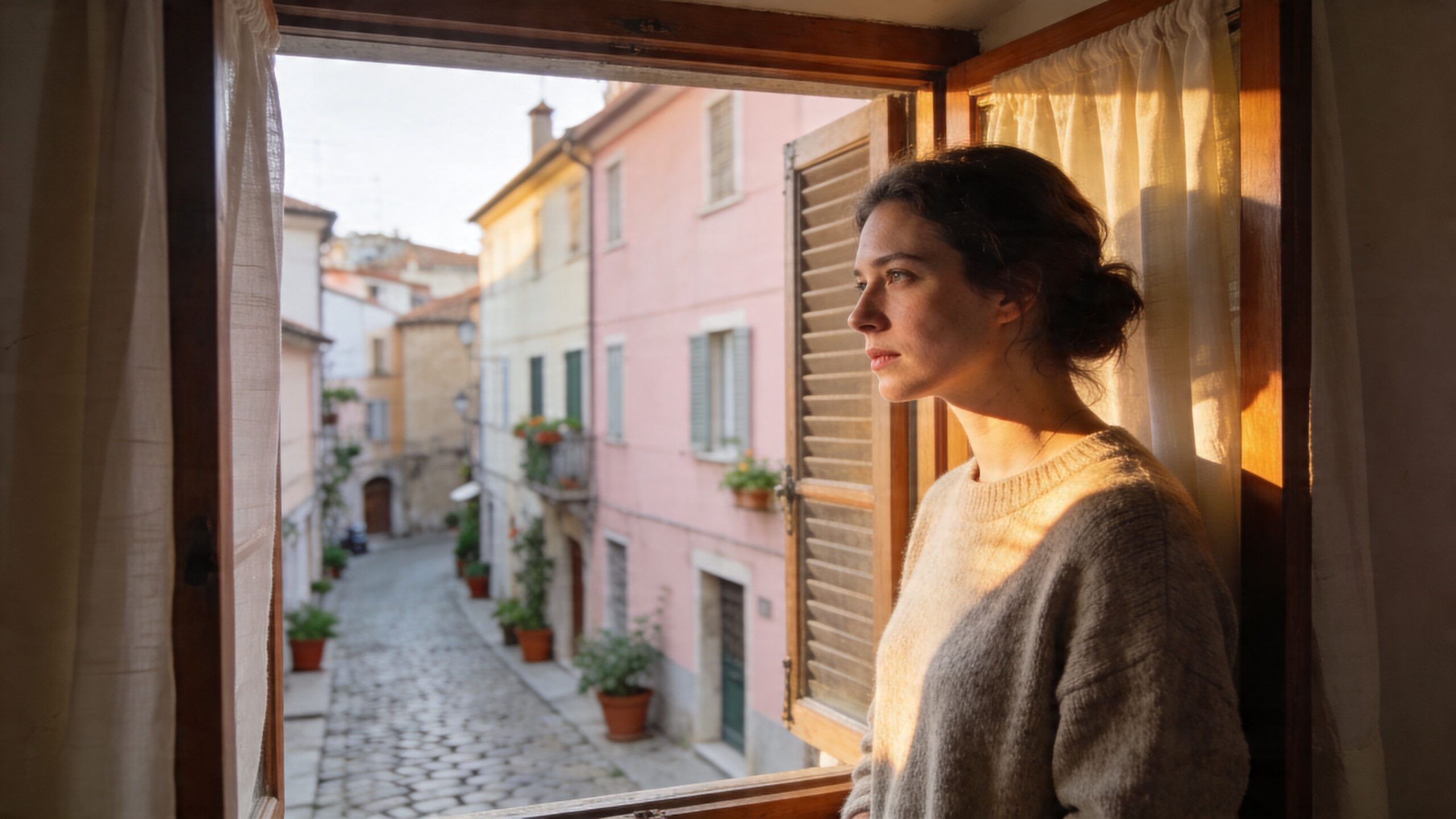 A young woman gazes pensively out of an open window at a quiet, narrow cobblestone street.