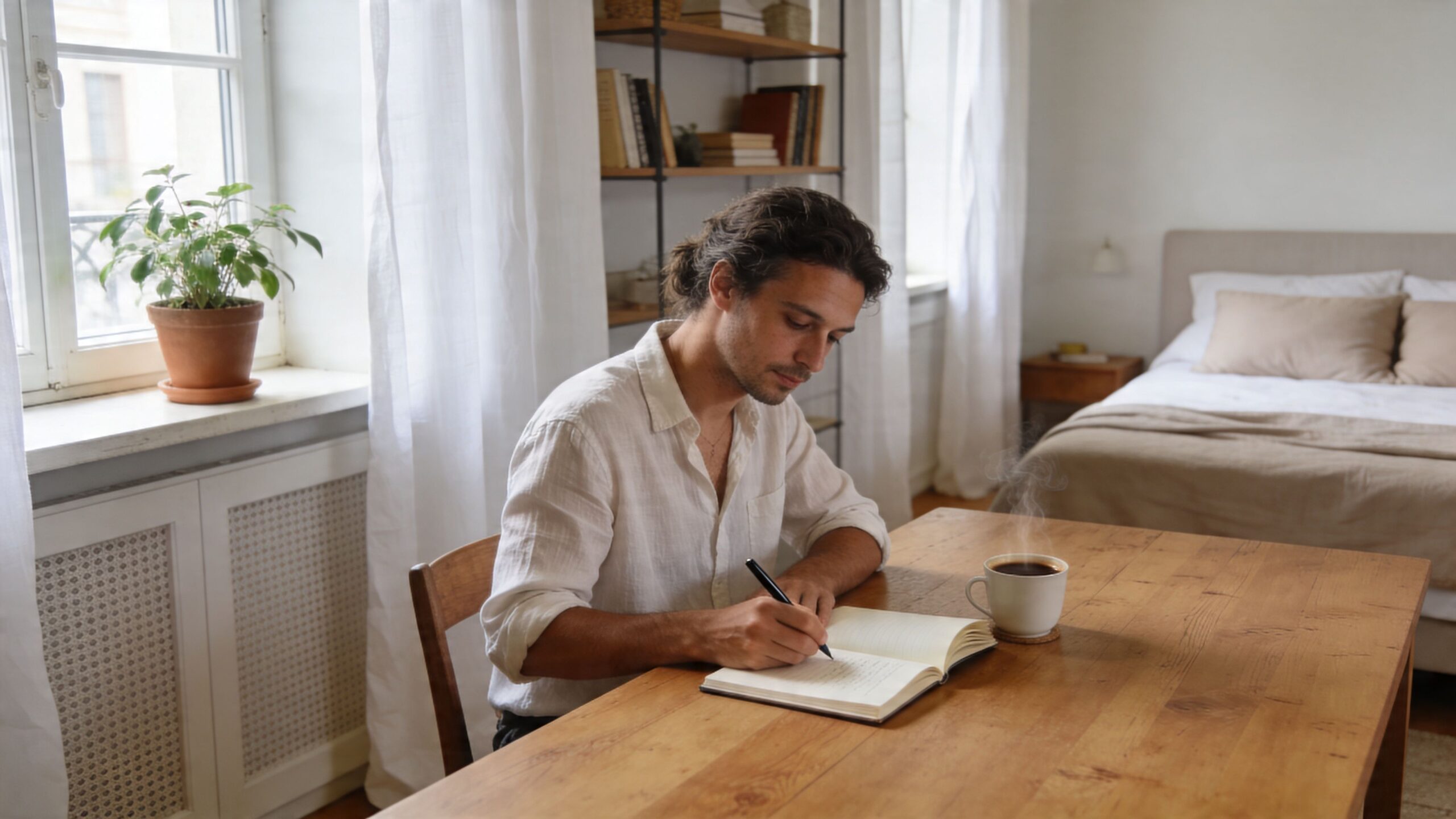 A man with long hair sits at a wooden table writing in a journal with a coffee mug.