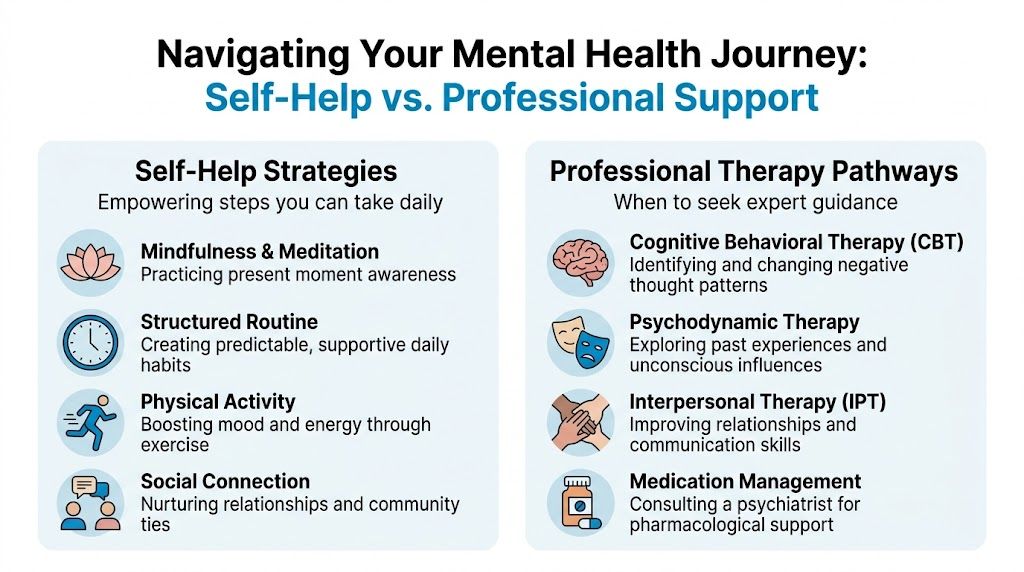 A visual guide comparing self-help strategies like meditation and professional therapy pathways for mental health.