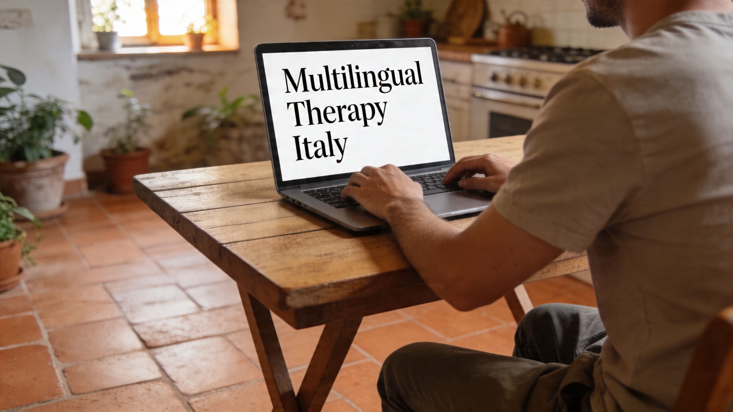 A person sitting at a rustic wooden table in a home kitchen using a laptop computer displaying text.