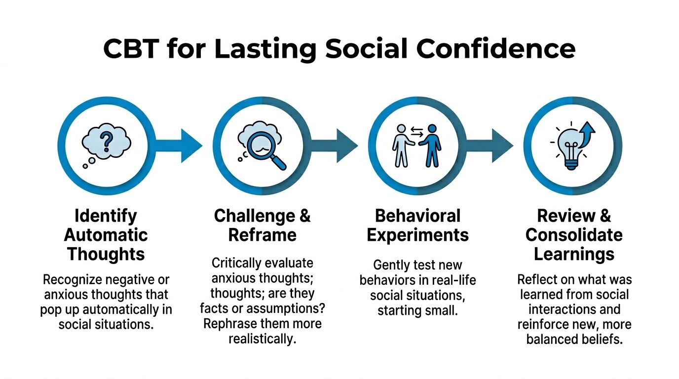 A flowchart showing four steps of CBT for social confidence: identifying, challenging, experimenting, and reviewing.