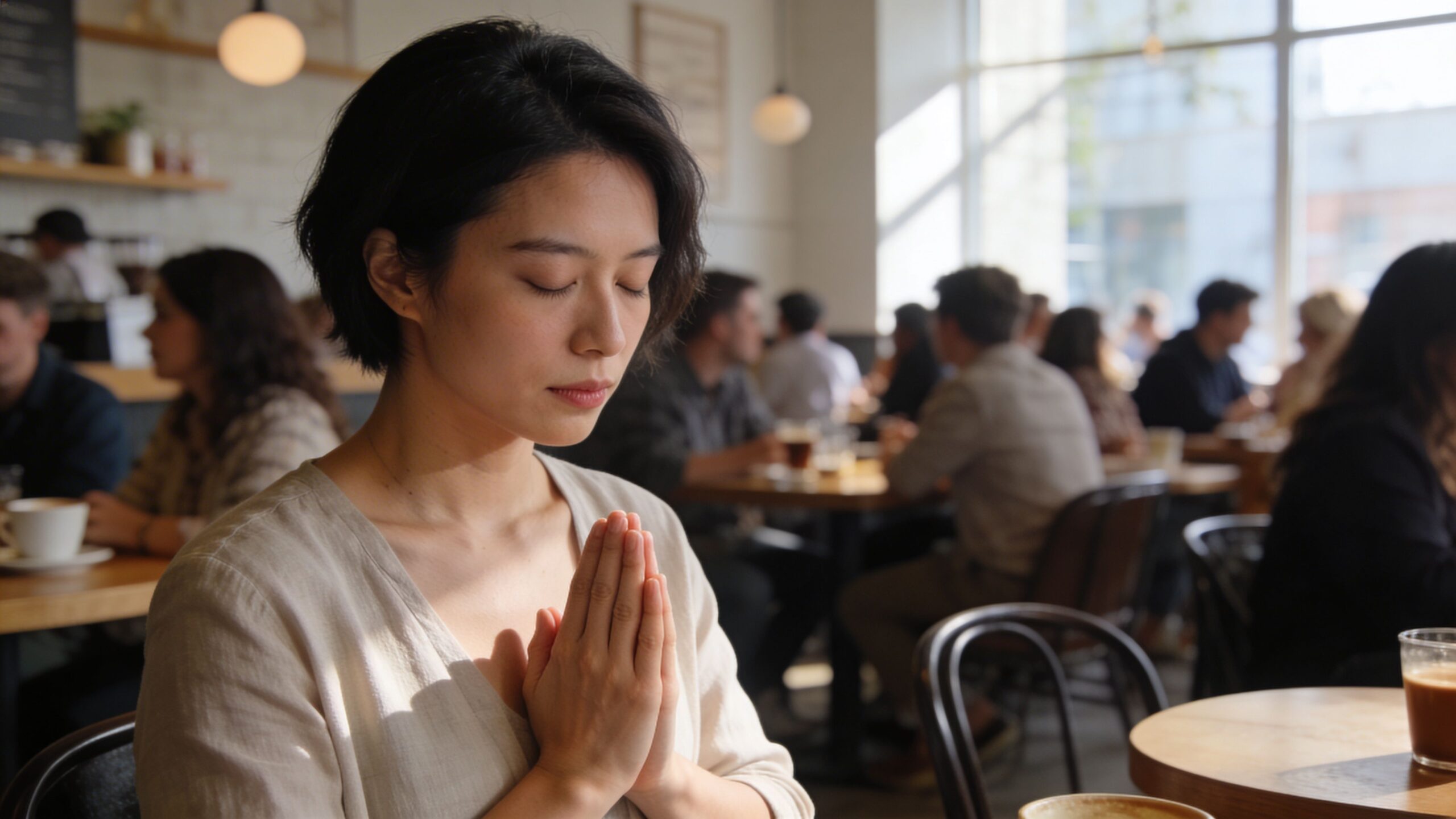 A young woman with closed eyes prays or practices mindfulness while sitting in a busy cafe.