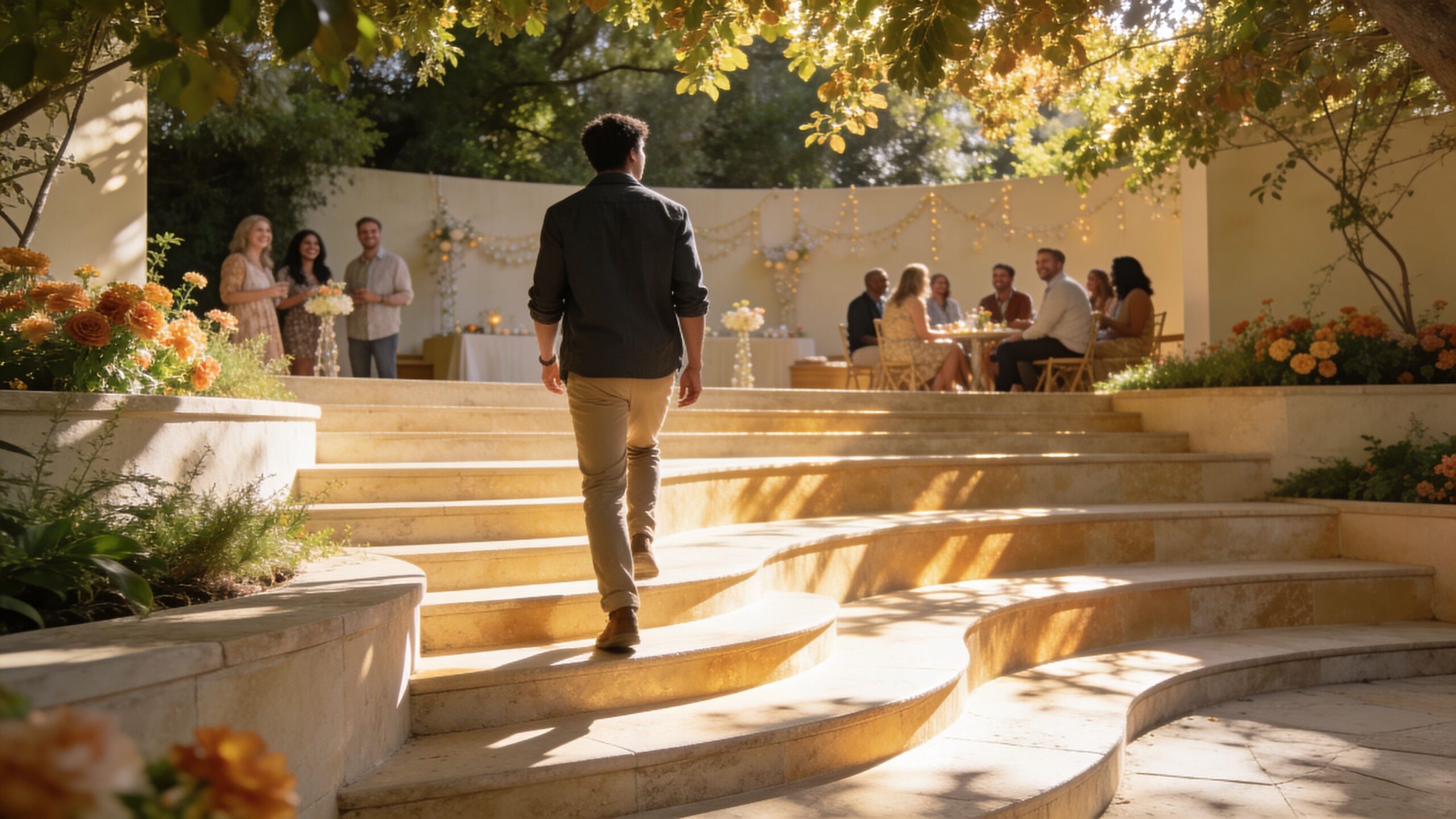A man walking up stone stairs toward a social gathering in a beautiful garden outdoor setting.