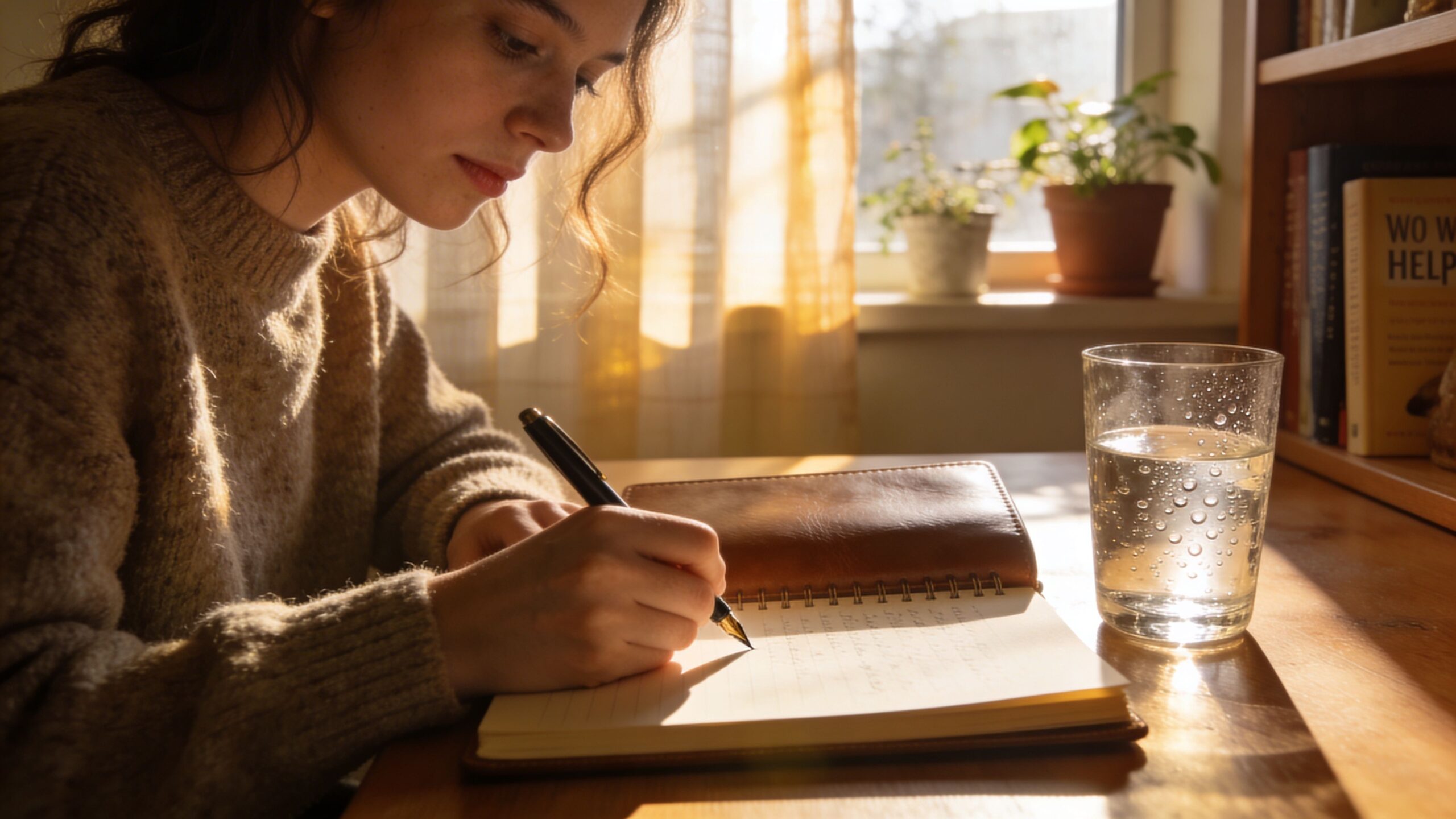 A young woman writing in a leather-bound journal by a sunlit window with a glass of water.