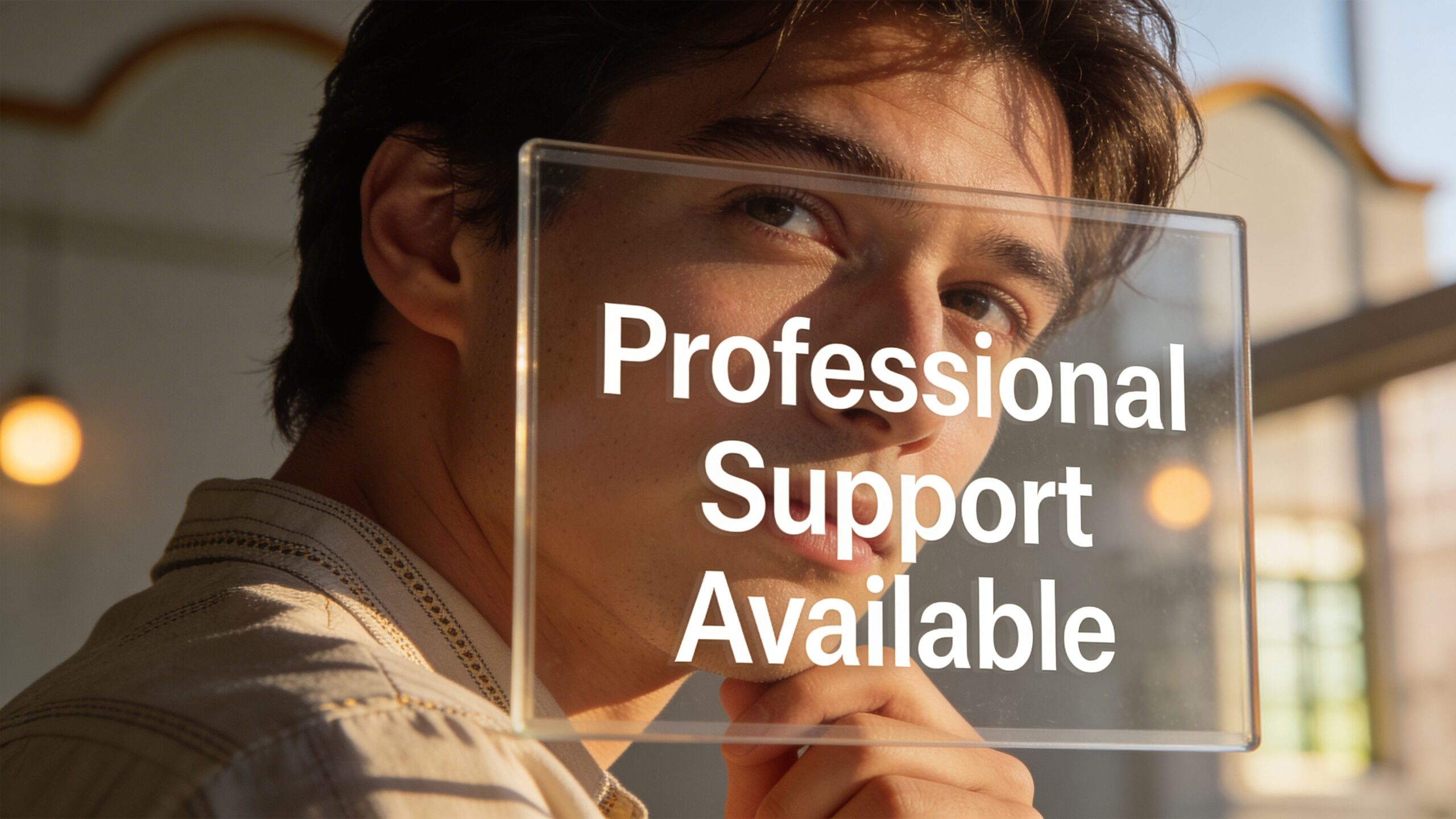 A young man looking thoughtfully while holding a transparent glass sign that reads Professional Support Available.