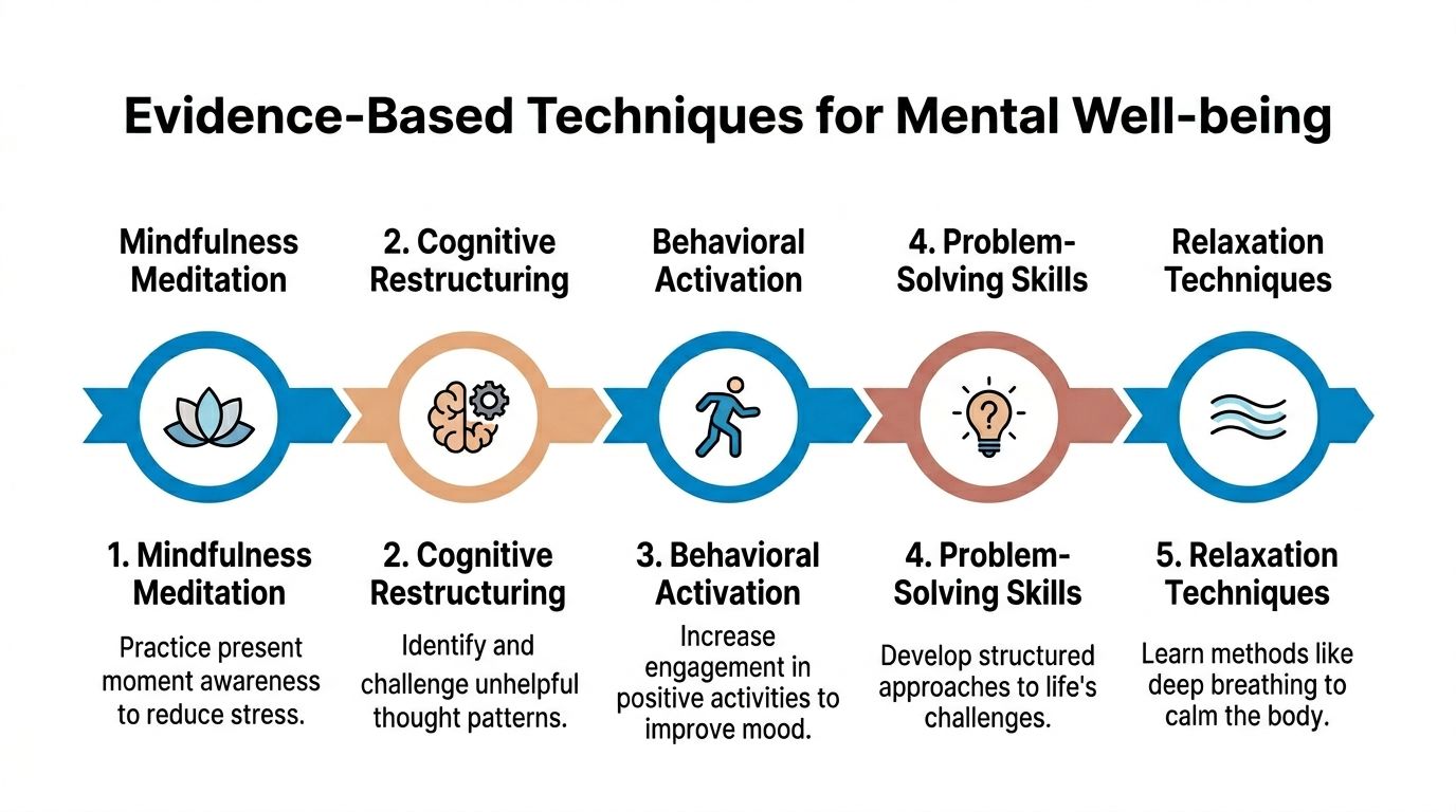 A diagram outlining five evidence-based techniques for mental well-being including mindfulness, cognitive restructuring, and behavioral activation.